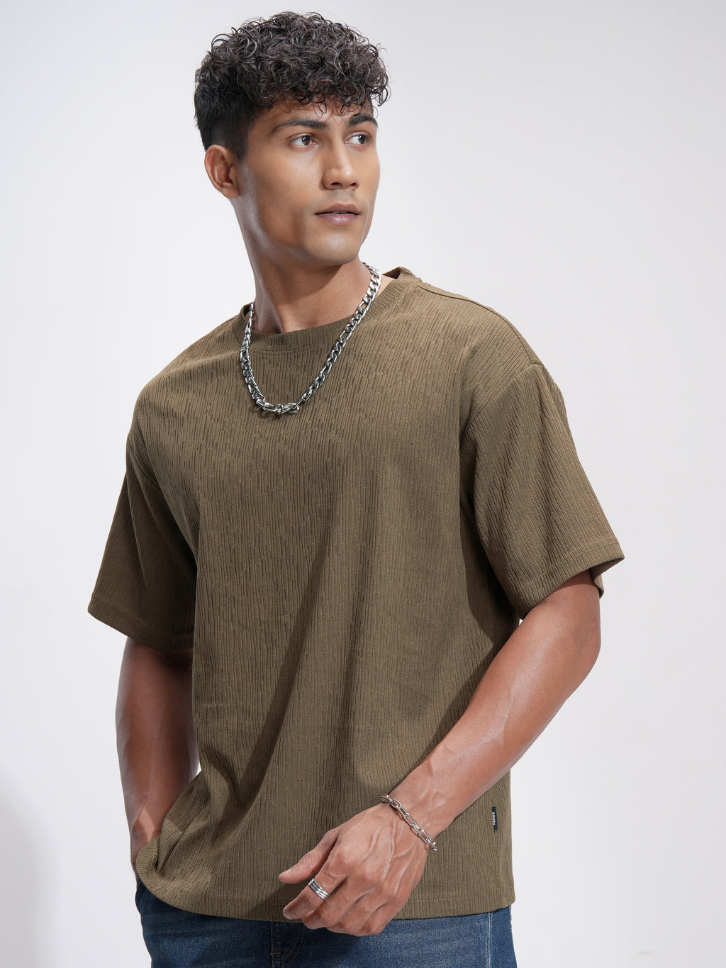 Highlander Men Brown Self Design Relaxed Fit T-Shirt - Brown - Image 4
