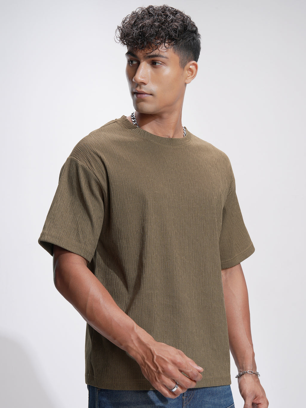 Highlander Men Brown Self Design Relaxed Fit T-Shirt - Brown - Image 6