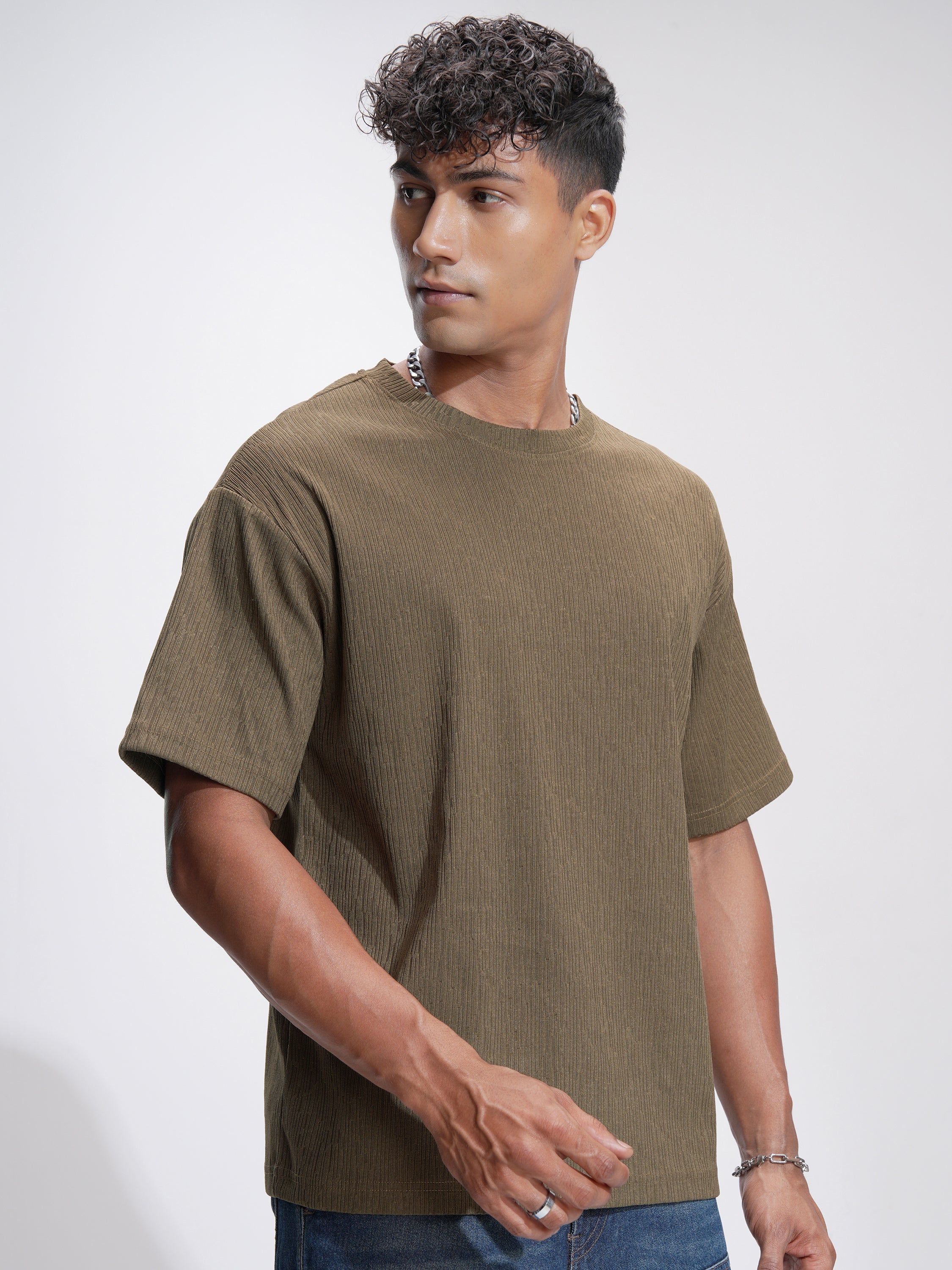 Highlander Men Brown Self Design Relaxed Fit T-Shirt - Brown - Image 6