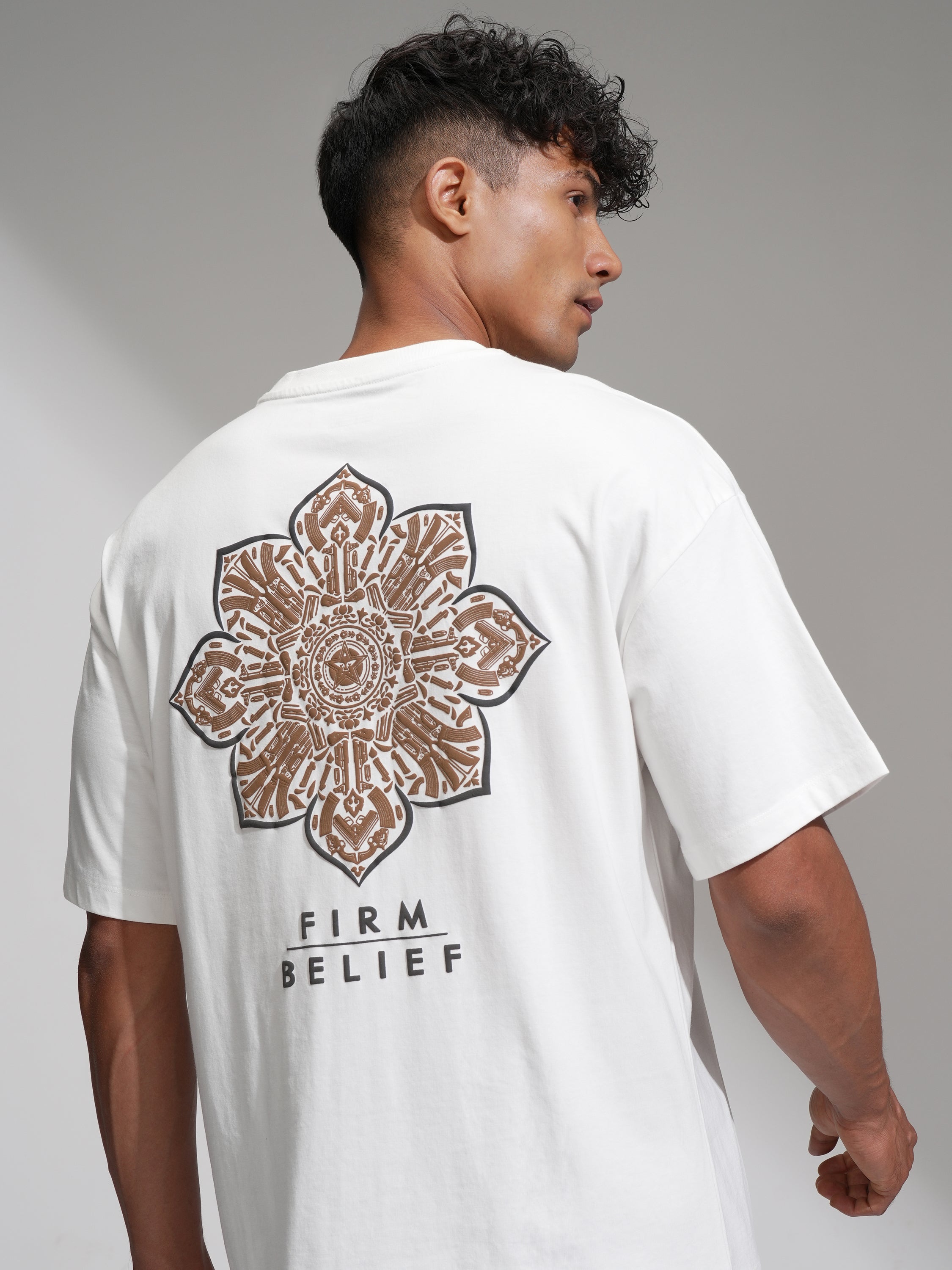 Highlander Men White Printed Round Neck Oversized Fit T-Shirt - White - Image 1
