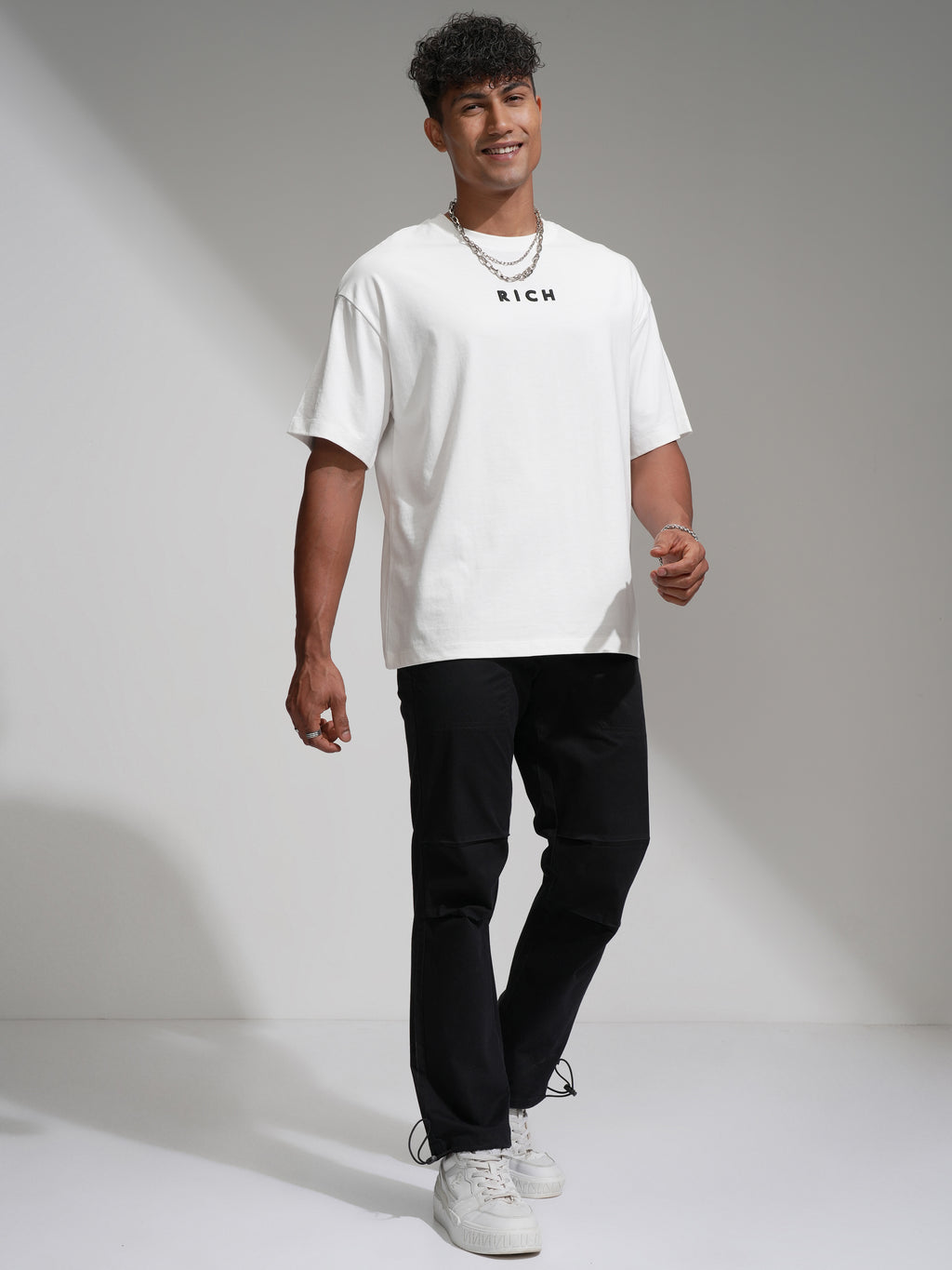 Highlander Men White Printed Round Neck Oversized Fit T-Shirt - White - Image 2