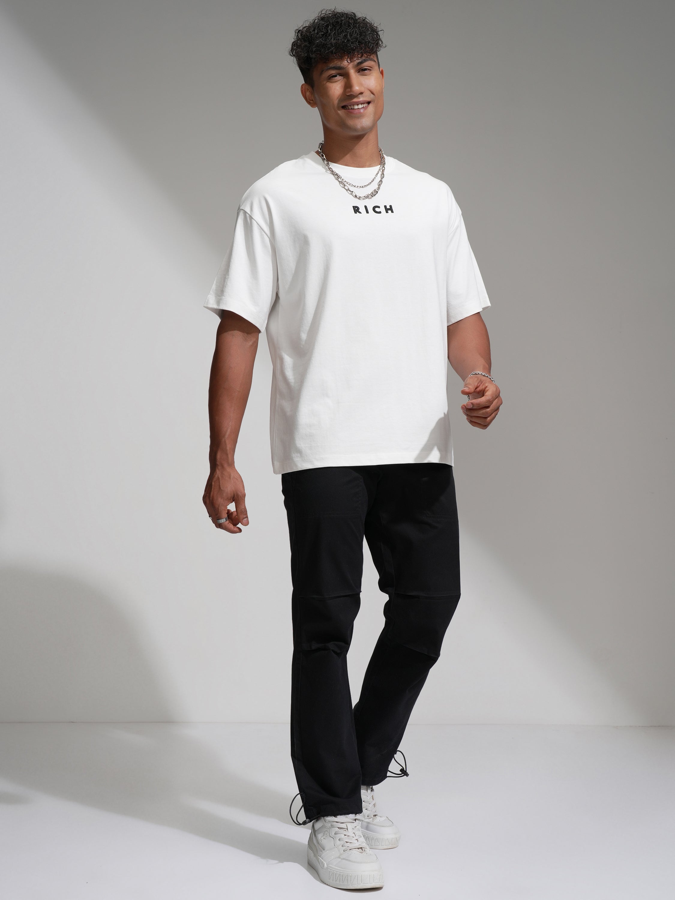 Highlander Men White Printed Round Neck Oversized Fit T-Shirt - White - Image 2
