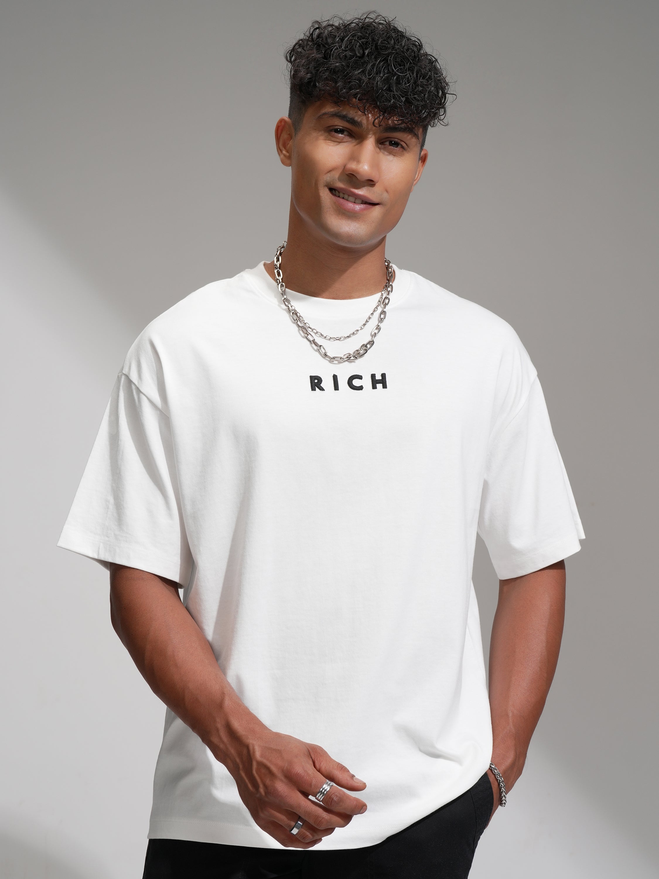 Highlander Men White Printed Round Neck Oversized Fit T-Shirt - White - Image 3