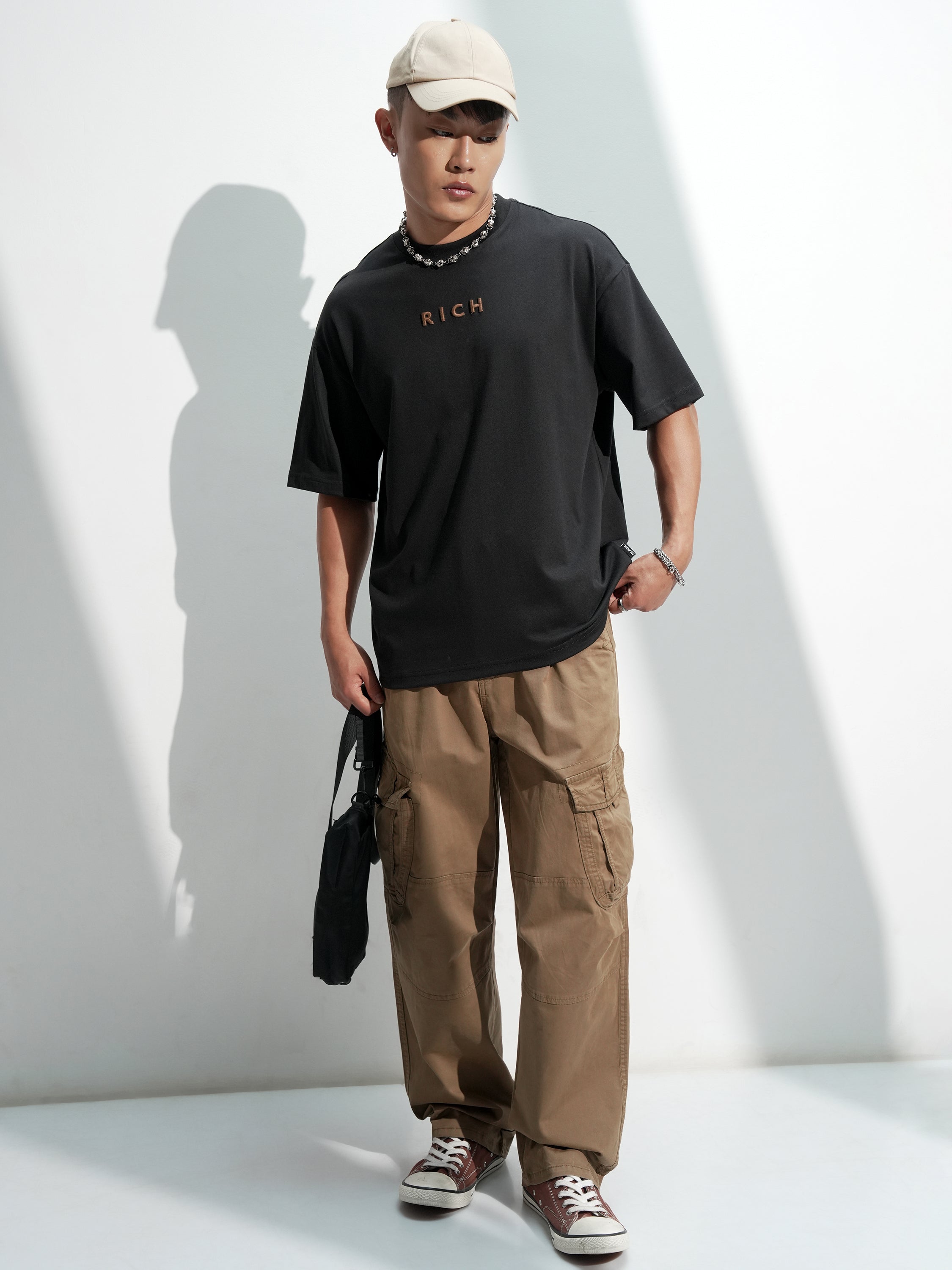 Highlander Men Black Printed Round Neck Oversized Fit T-Shirt - Black - Image 2