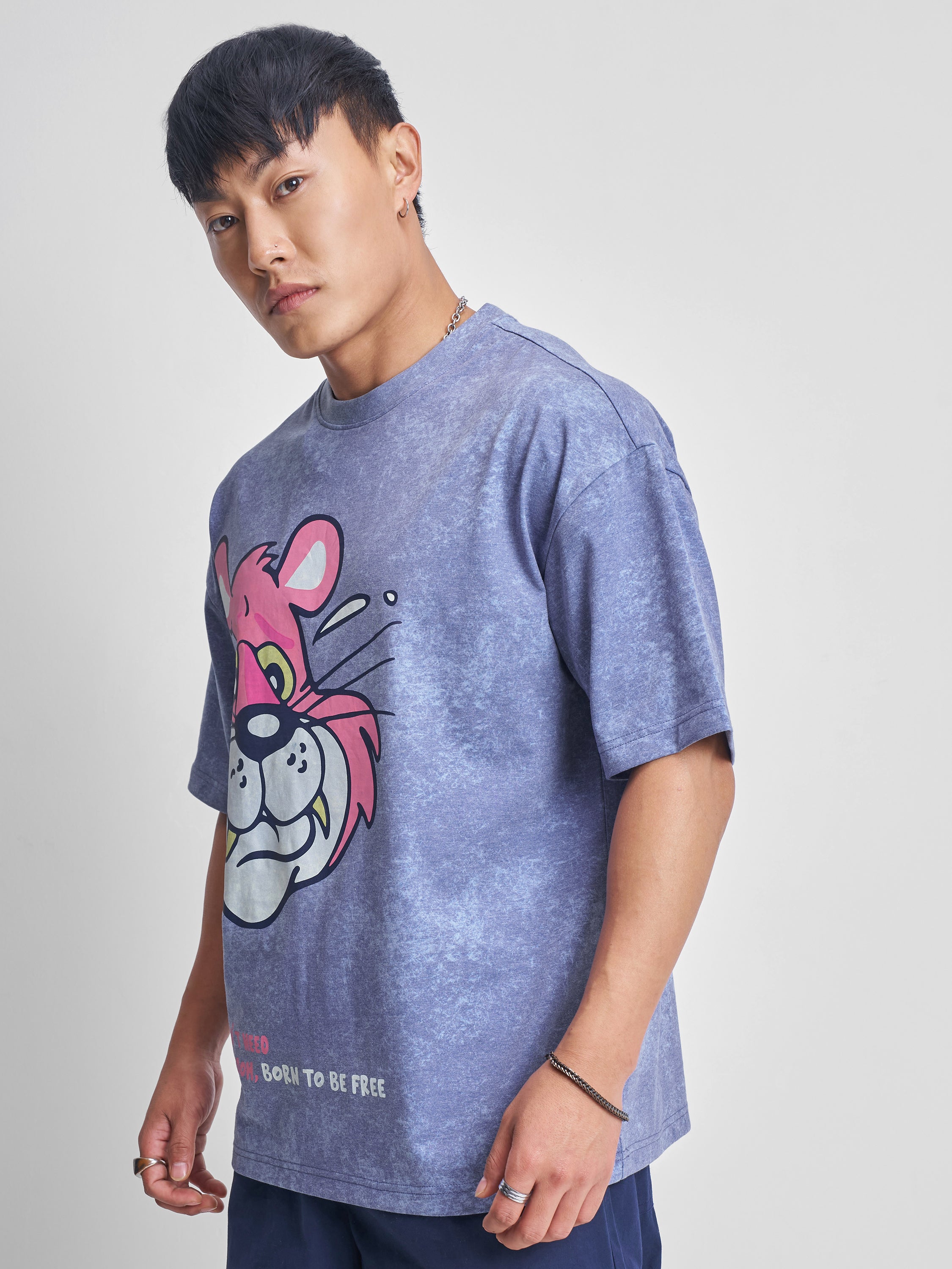 Highlander Men Blue Printed Round Neck Oversized Fit T-Shirt - Blue - Image 4