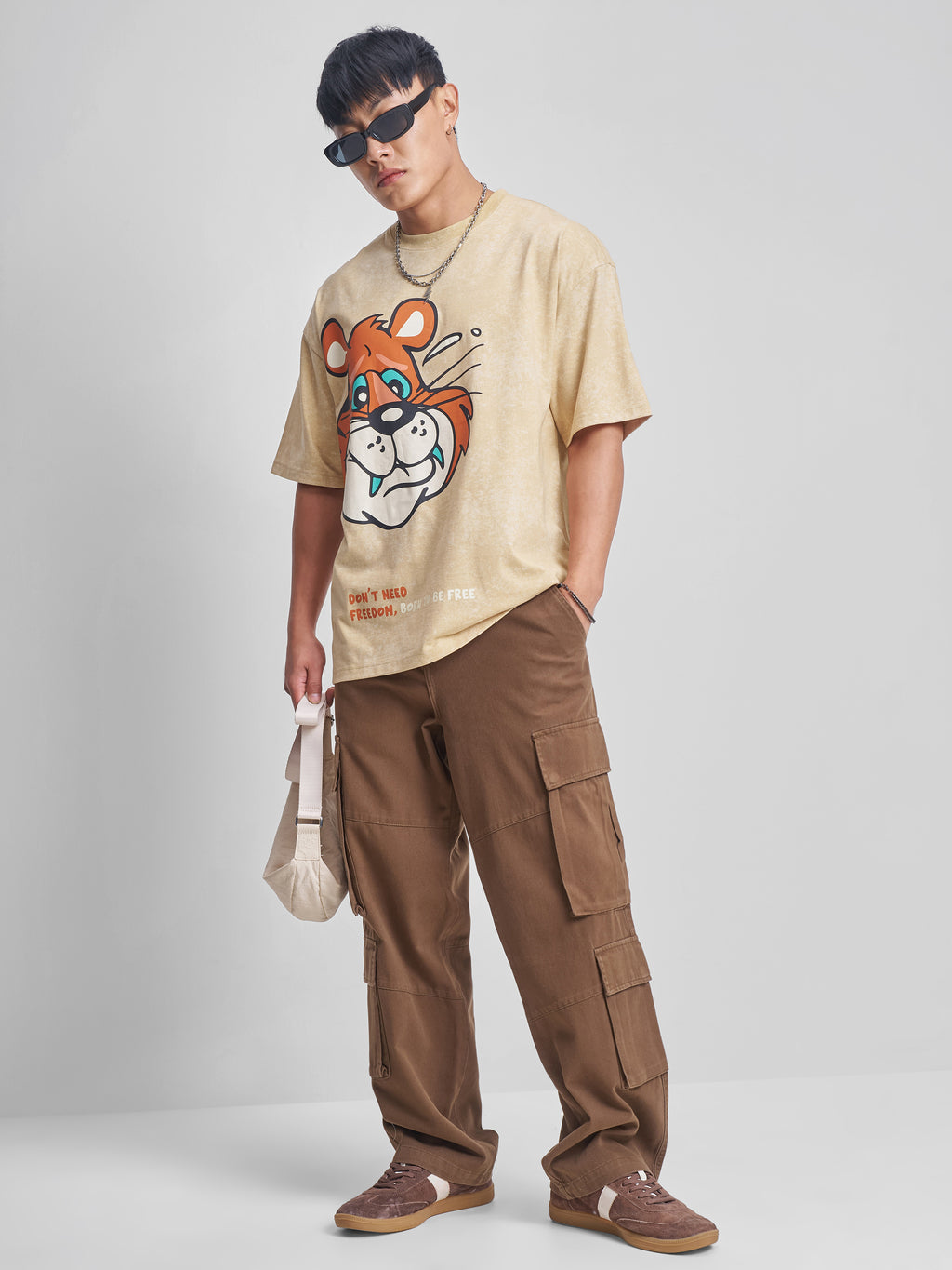 Highlander Men Beige Printed Round Neck Oversized Fit T-Shirt - Beige - Image 2