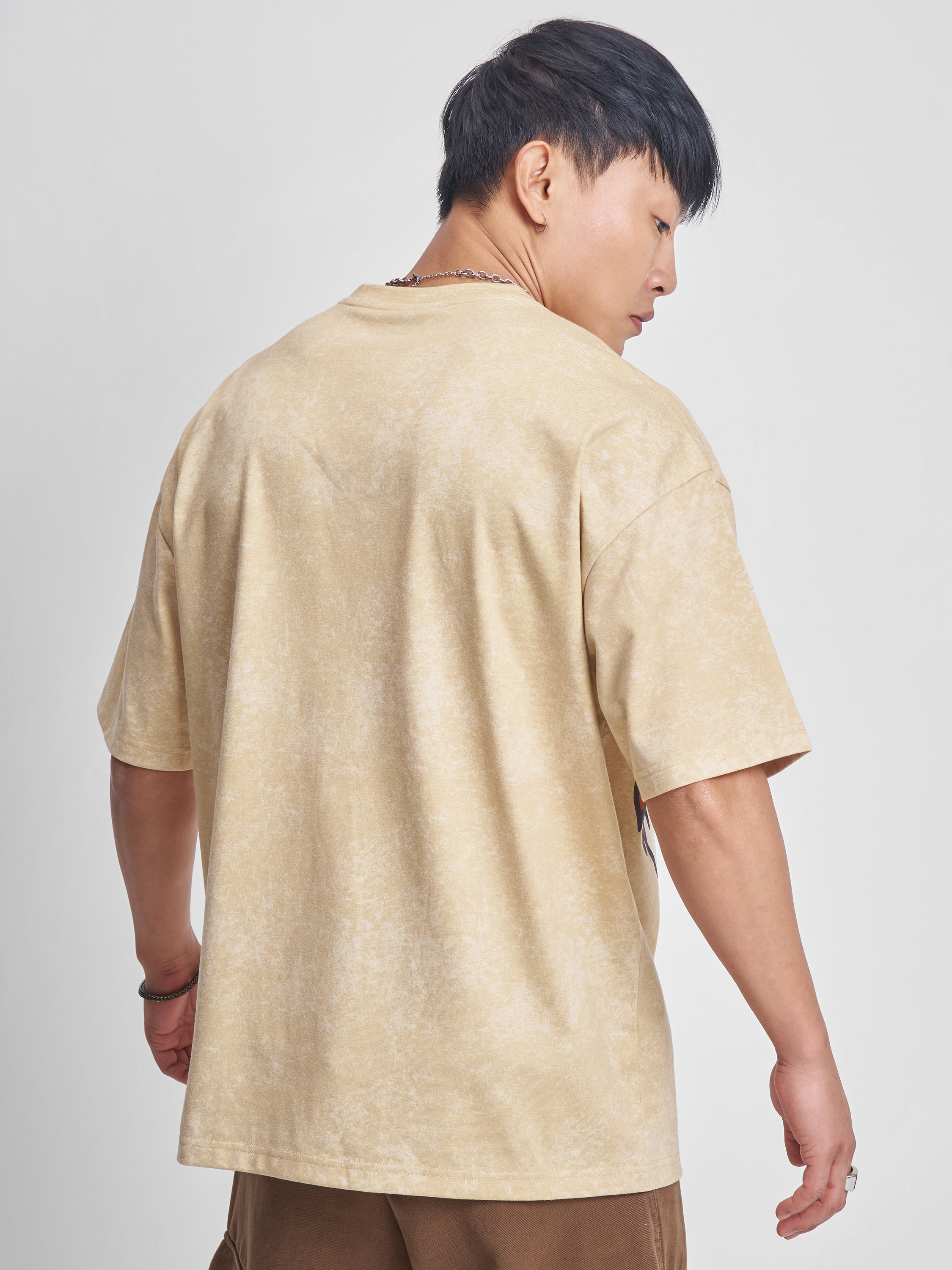 Highlander Men Beige Printed Round Neck Oversized Fit T-Shirt - Beige - Image 3