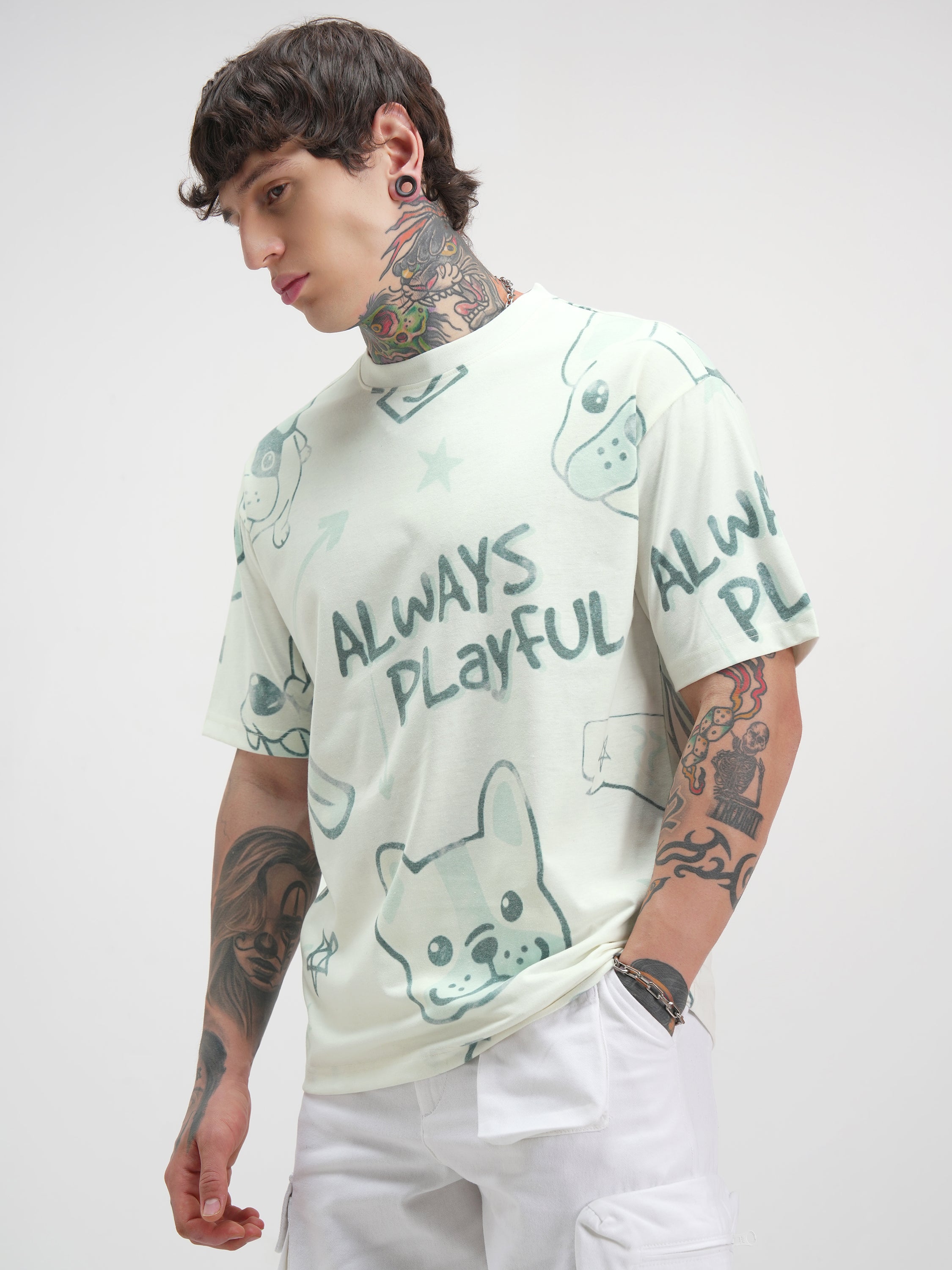 Highlander Men Off White Printed Round Neck Oversized Fit T-Shirt - Off White - Image 4