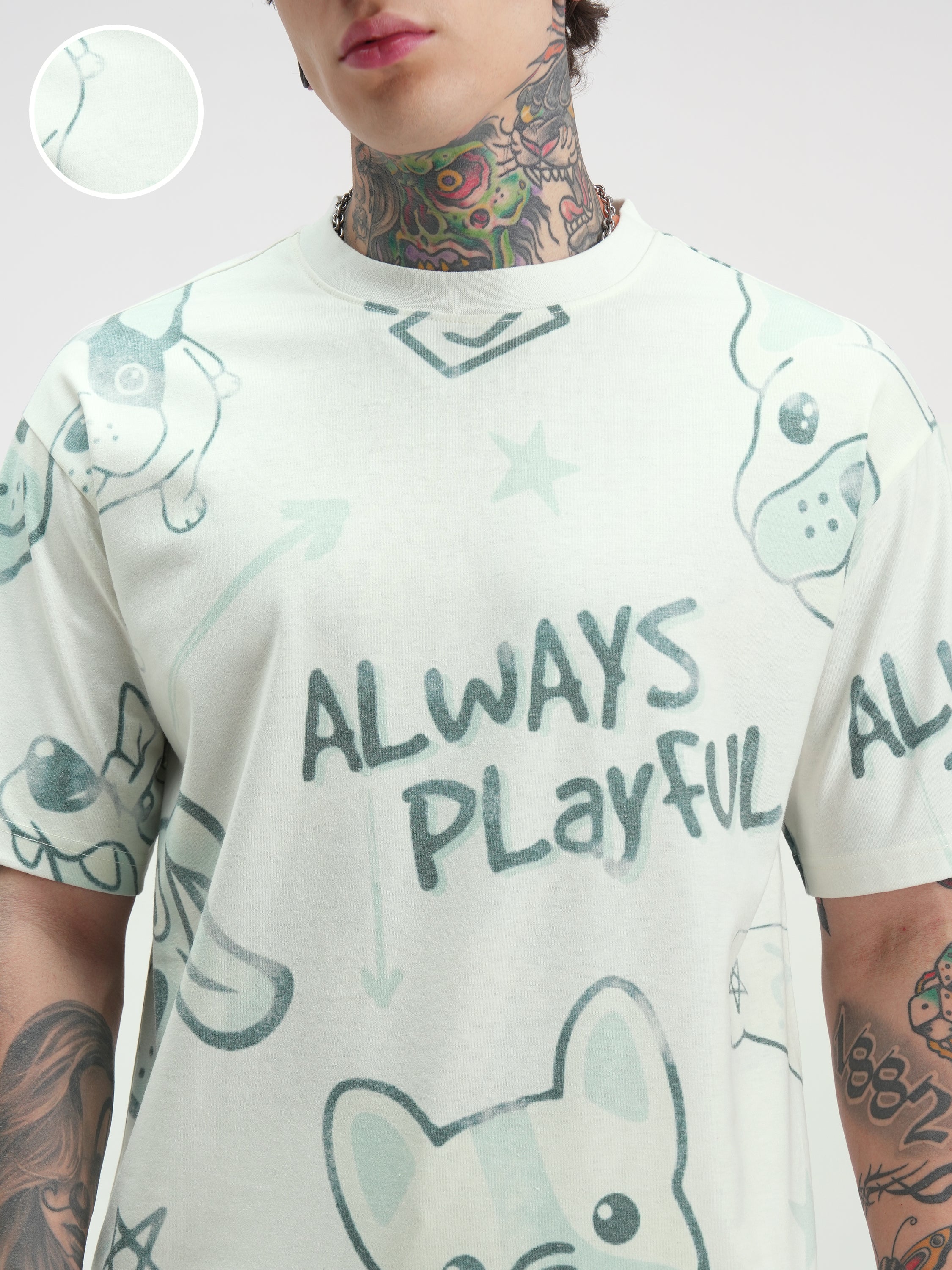 Highlander Men Off White Printed Round Neck Oversized Fit T-Shirt - Off White - Image 5