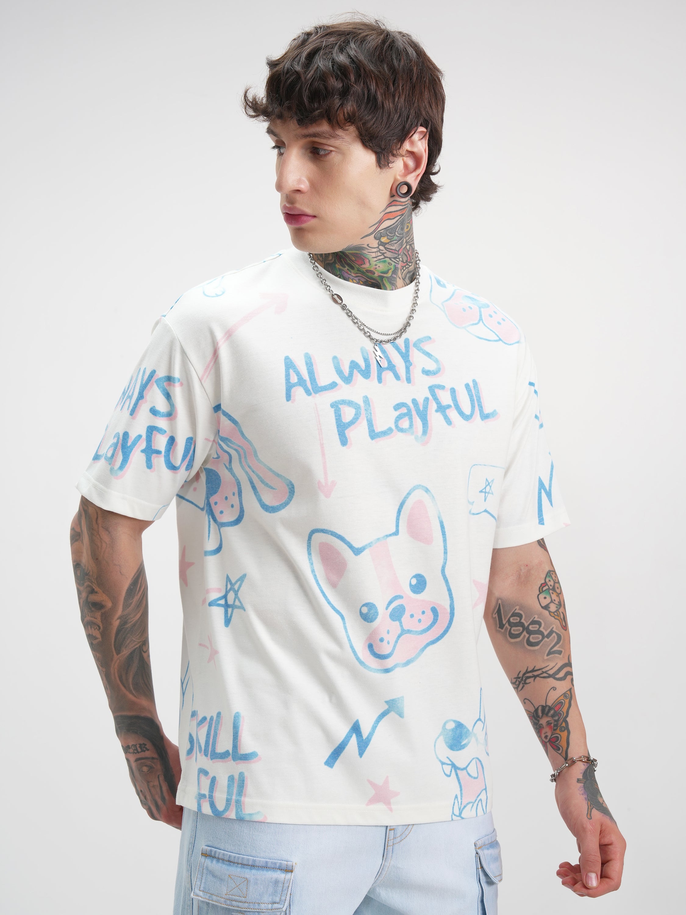 Highlander Men Off White Printed Round Neck Oversized Fit T-Shirt - Off White - Image 6