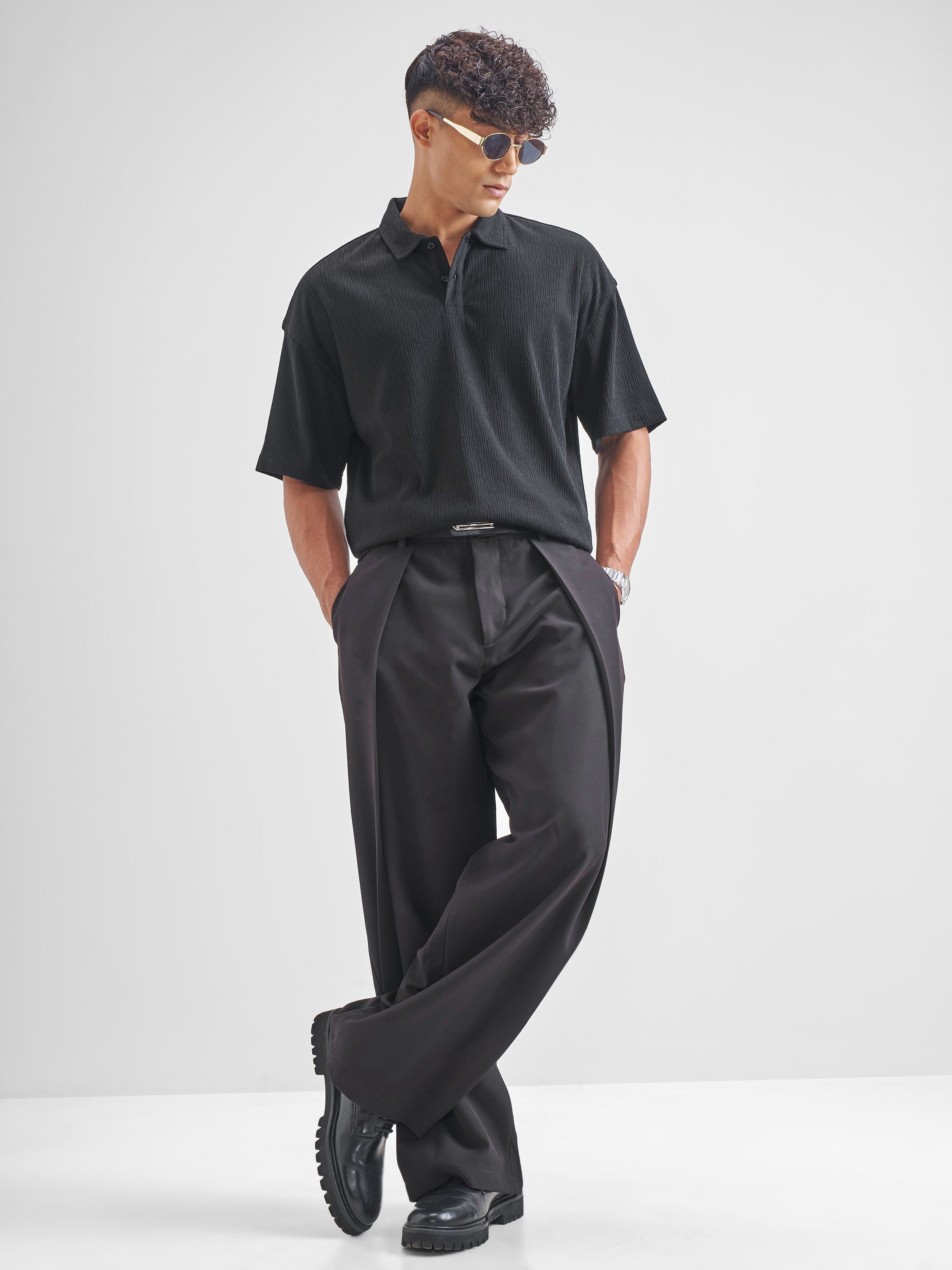 Highlander Men Black Self Design Polo Collar T-Shirt - Black - Image 2