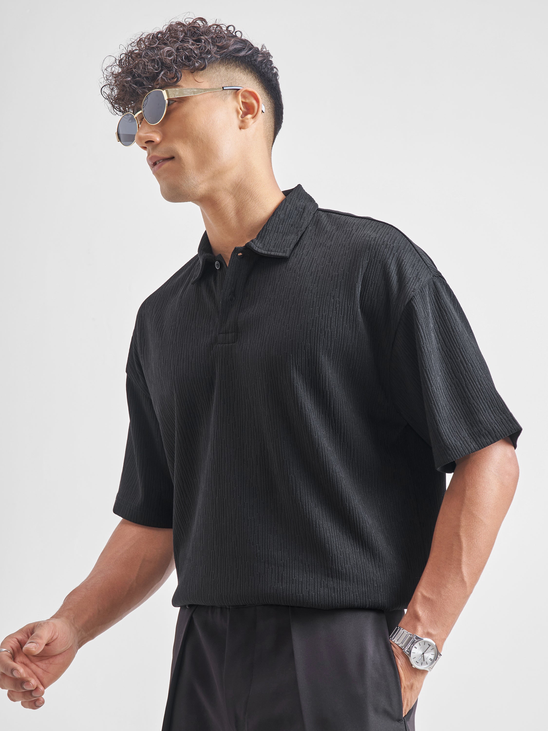 Highlander Men Black Self Design Polo Collar T-Shirt - Black - Image 4