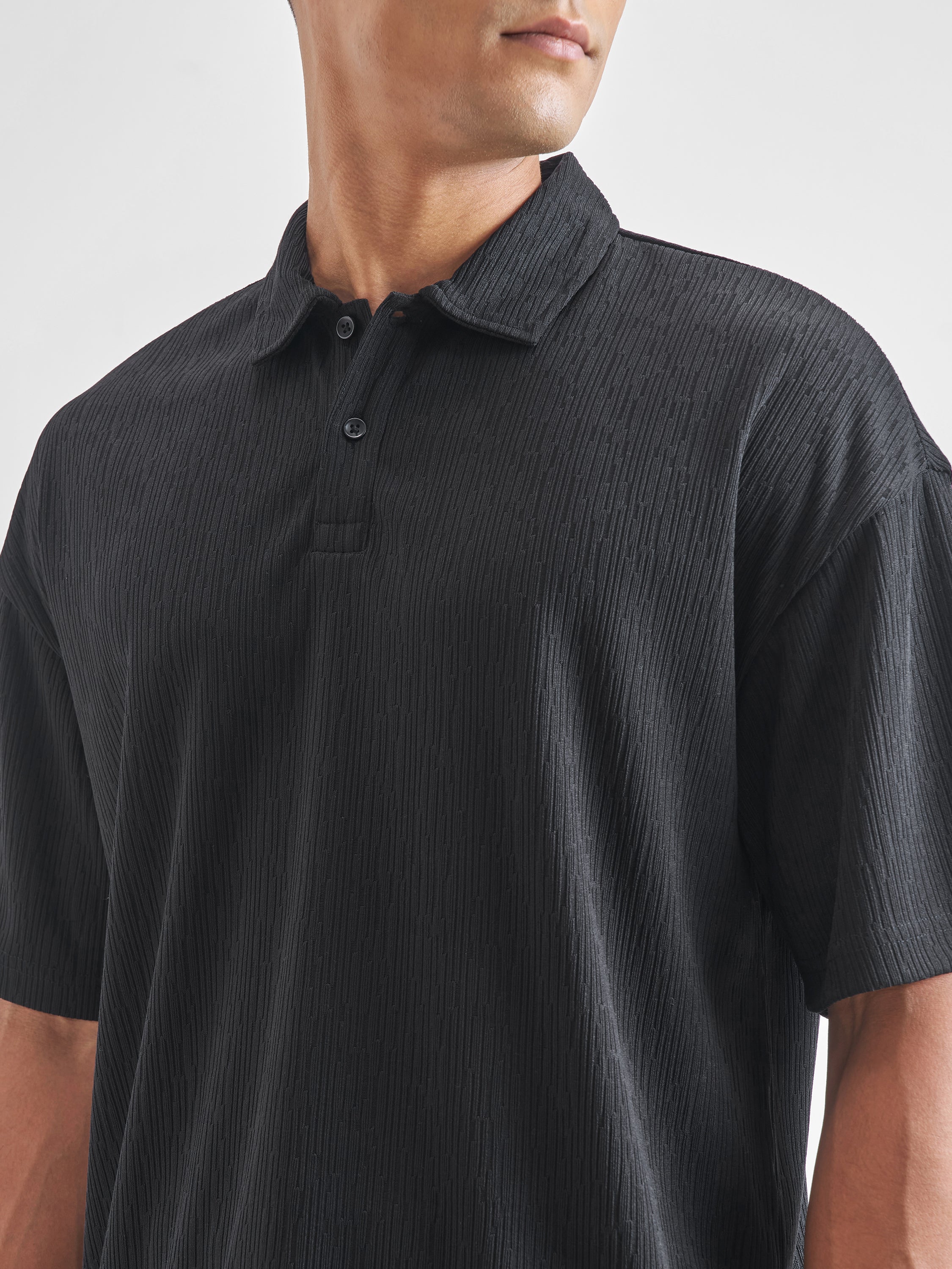 Highlander Men Black Self Design Polo Collar T-Shirt - Black - Image 5