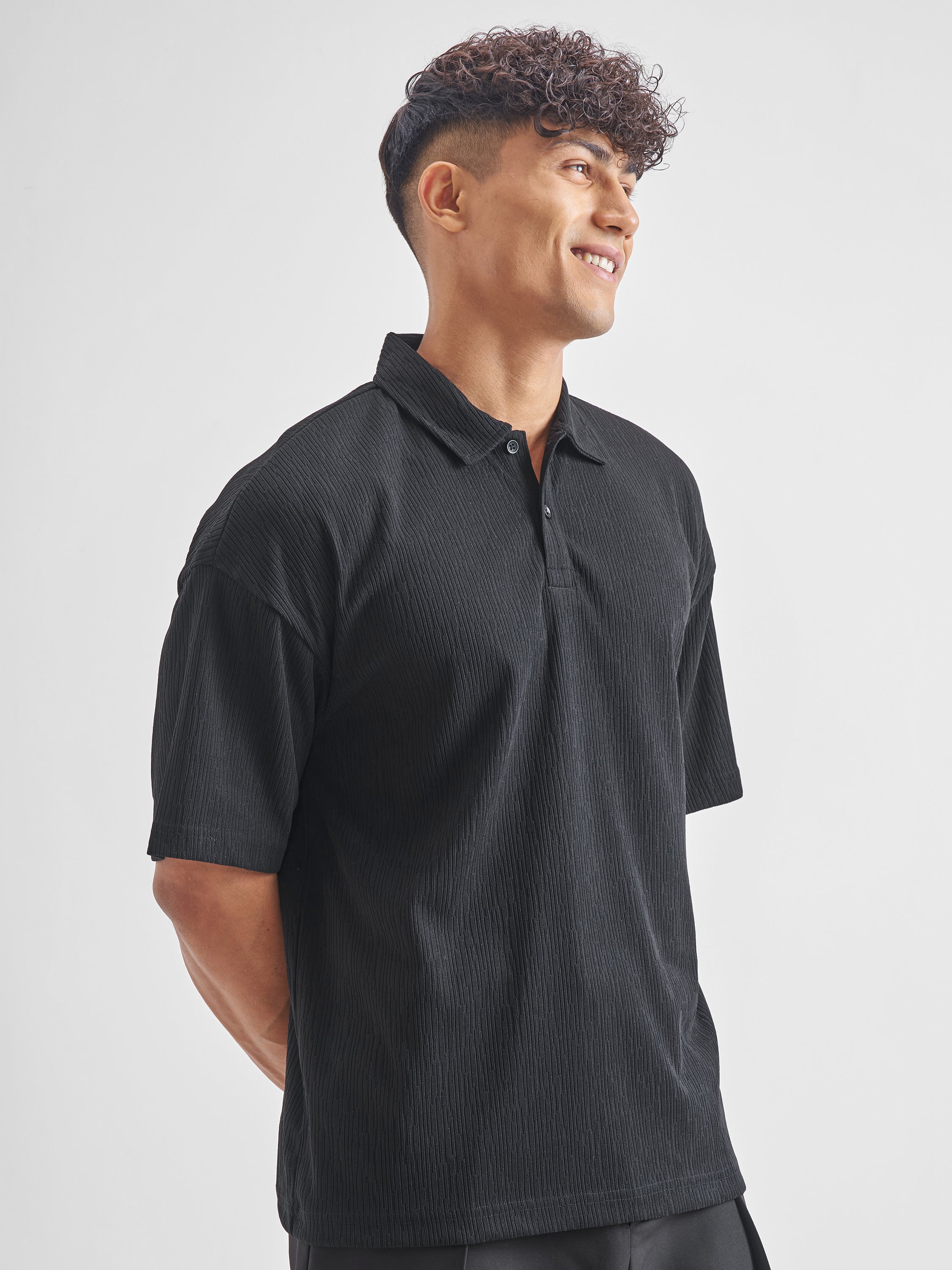 Highlander Men Black Self Design Polo Collar T-Shirt - Black - Image 6