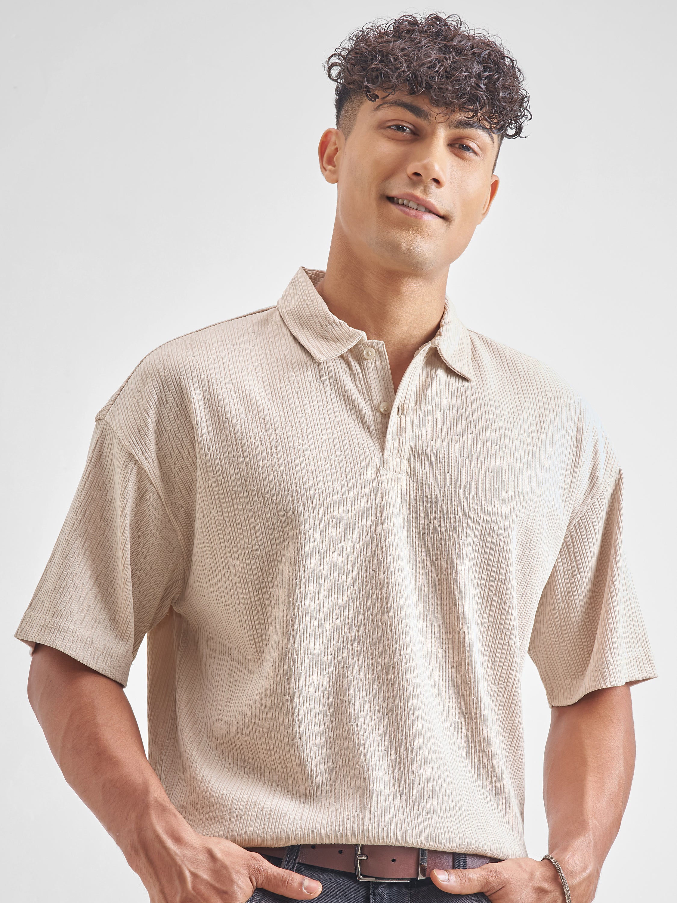 Highlander Men Cream Self Design Polo Collar T-Shirt - Cream - Image 1