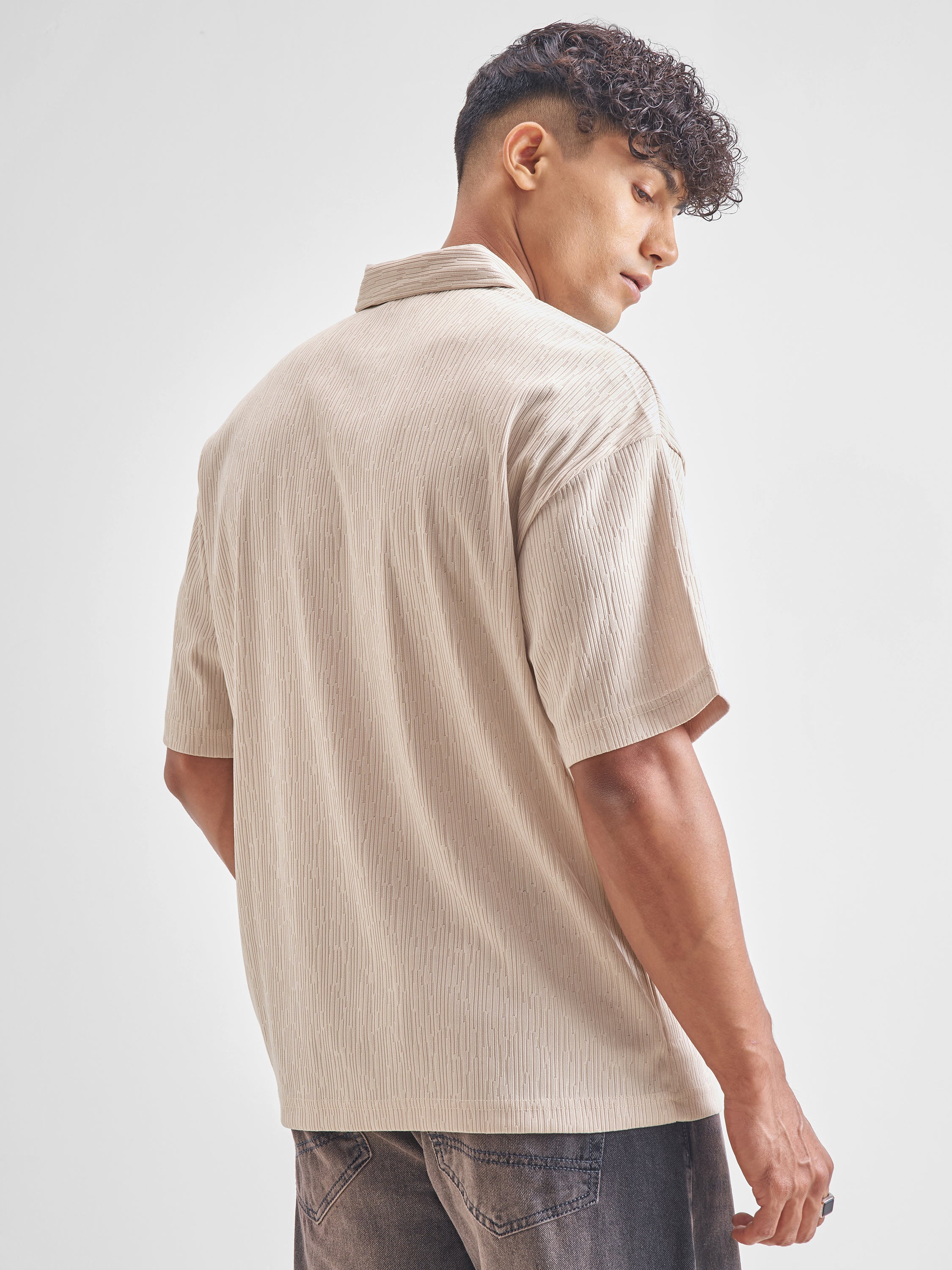 Highlander Men Cream Self Design Polo Collar T-Shirt - Cream - Image 3