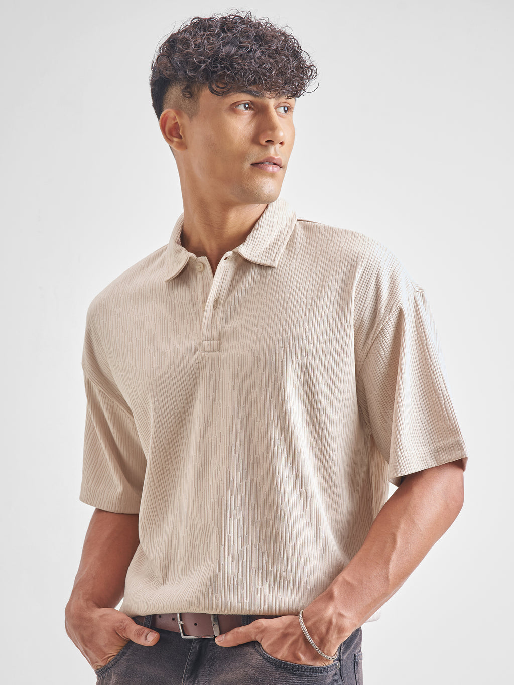 Highlander Men Cream Self Design Polo Collar T-Shirt - Cream - Image 4