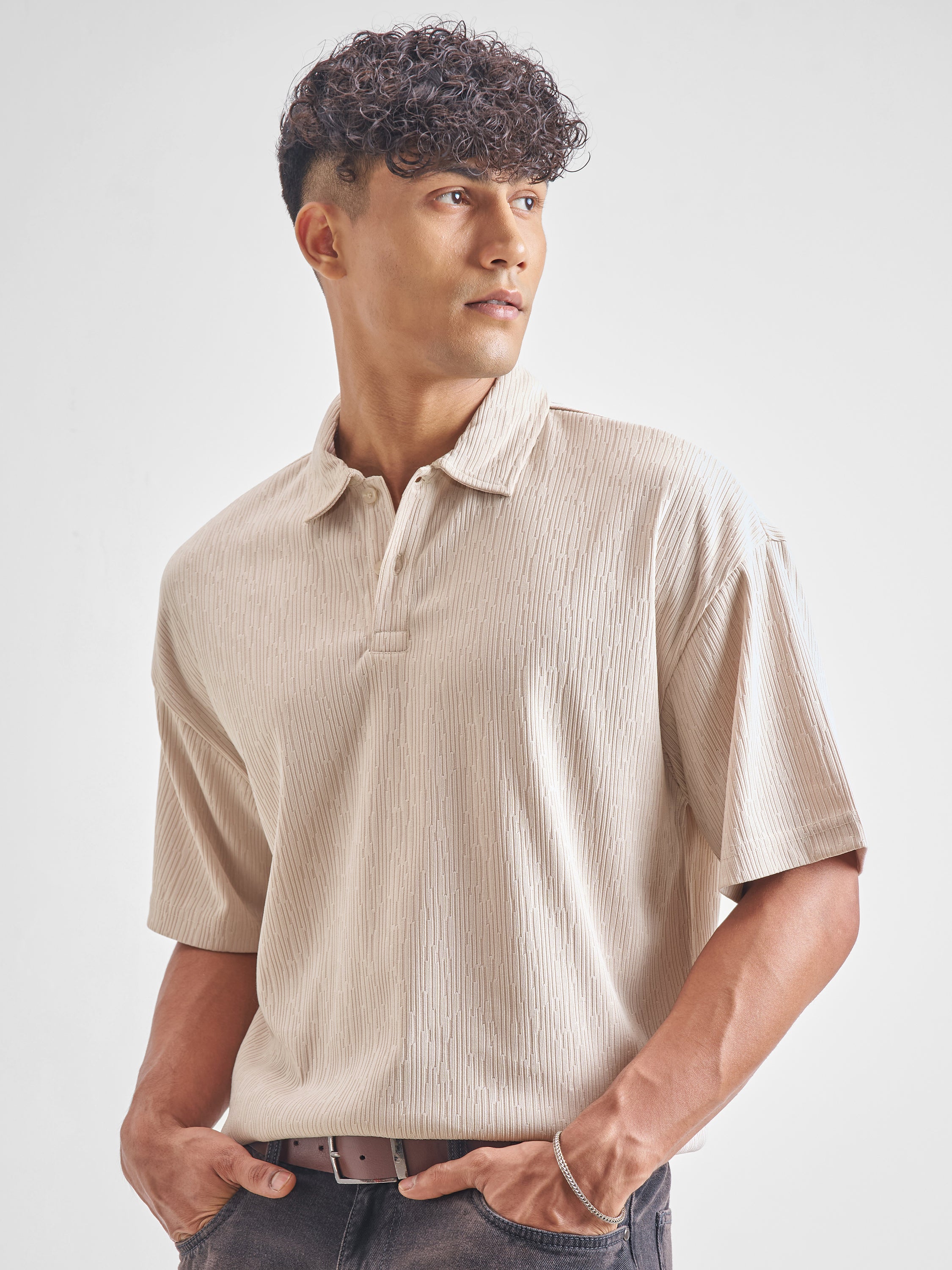 Highlander Men Cream Self Design Polo Collar T-Shirt - Cream - Image 4
