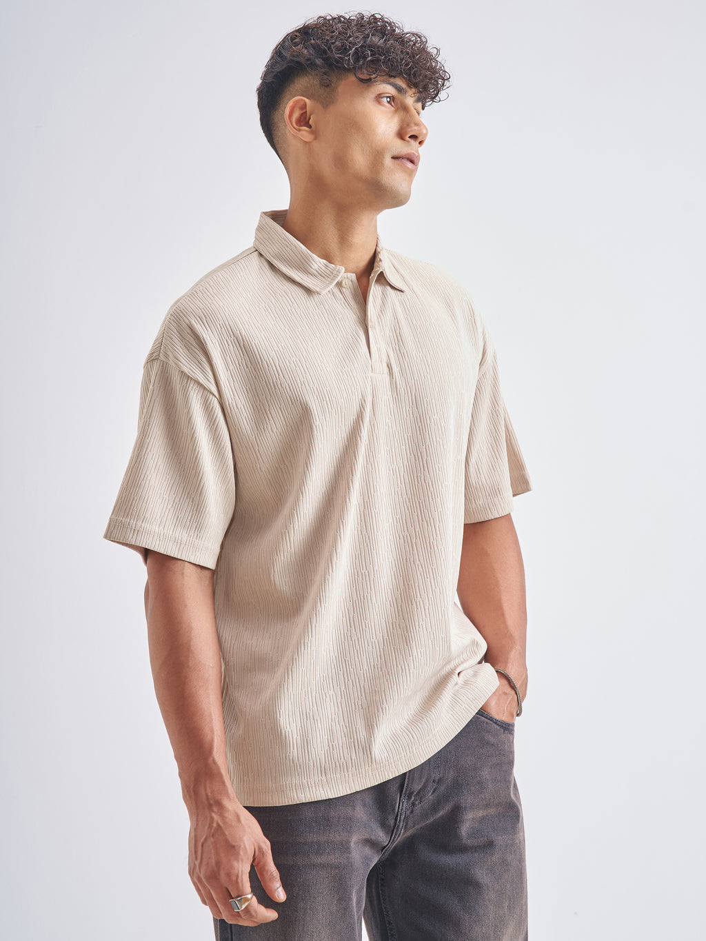 Highlander Men Cream Self Design Polo Collar T-Shirt - Cream - Image 6