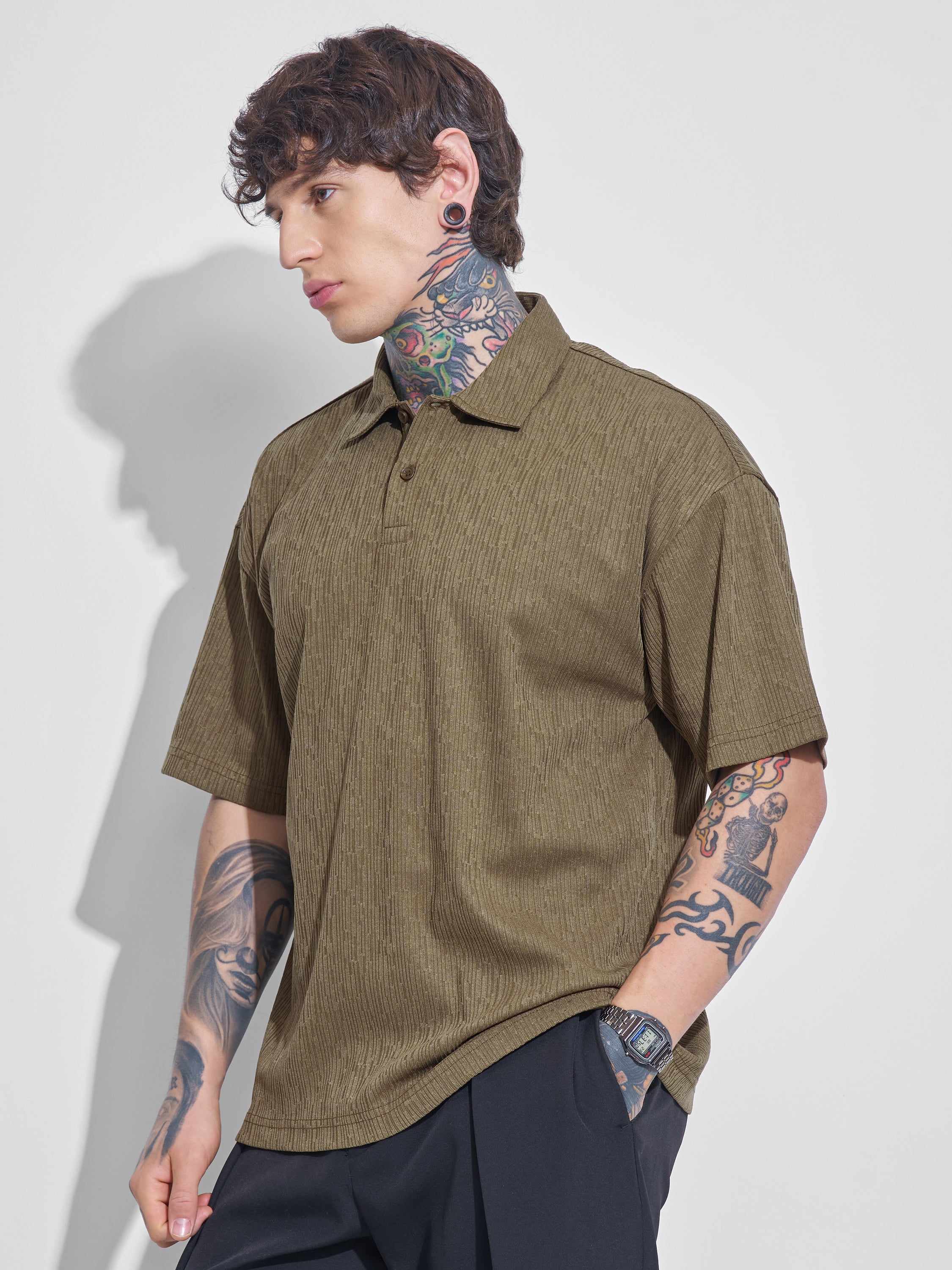 Highlander Men Olive Self Design Polo Collar T-Shirt - Olive - Image 4