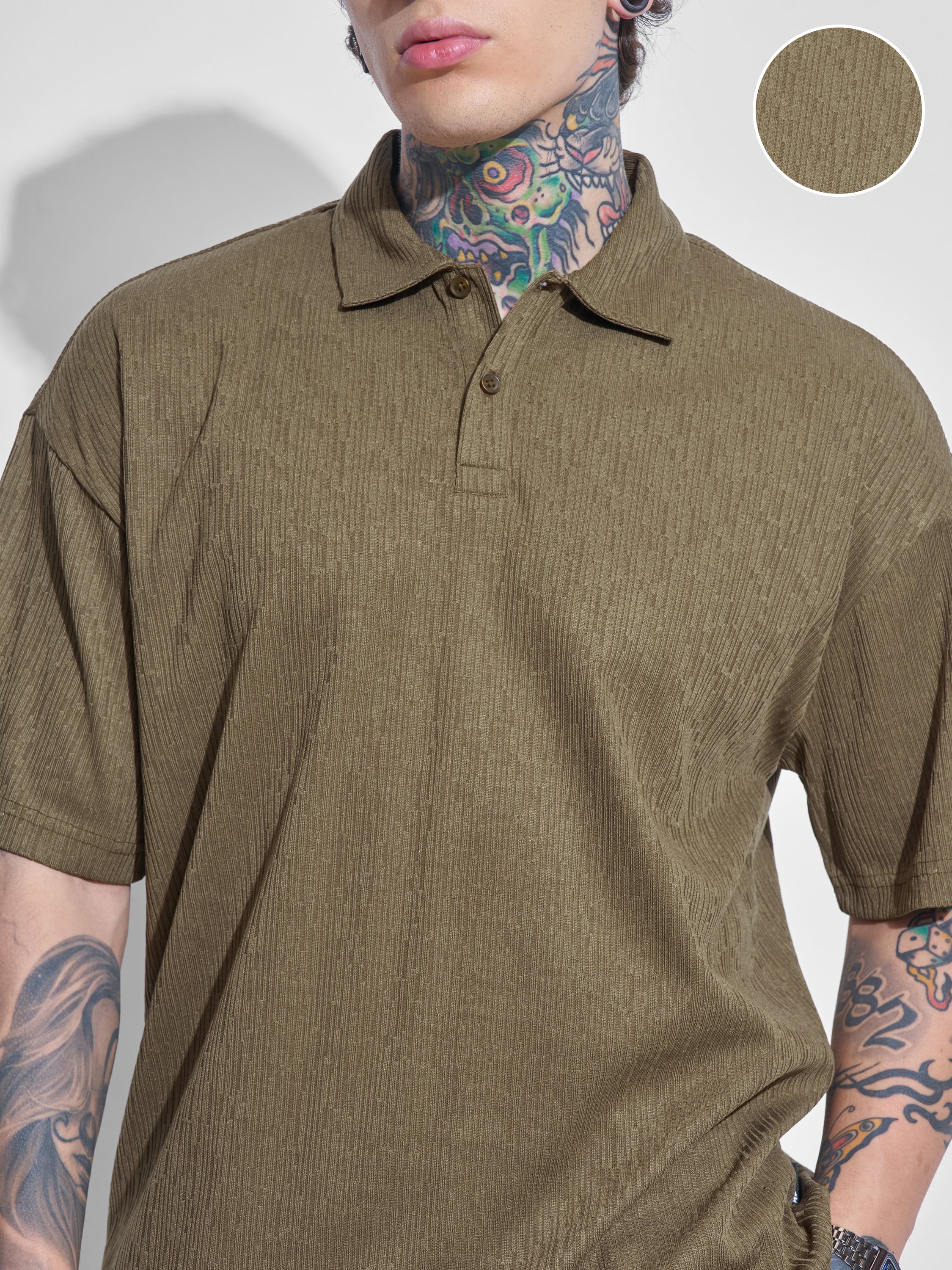 Highlander Men Olive Self Design Polo Collar T-Shirt - Olive - Image 5