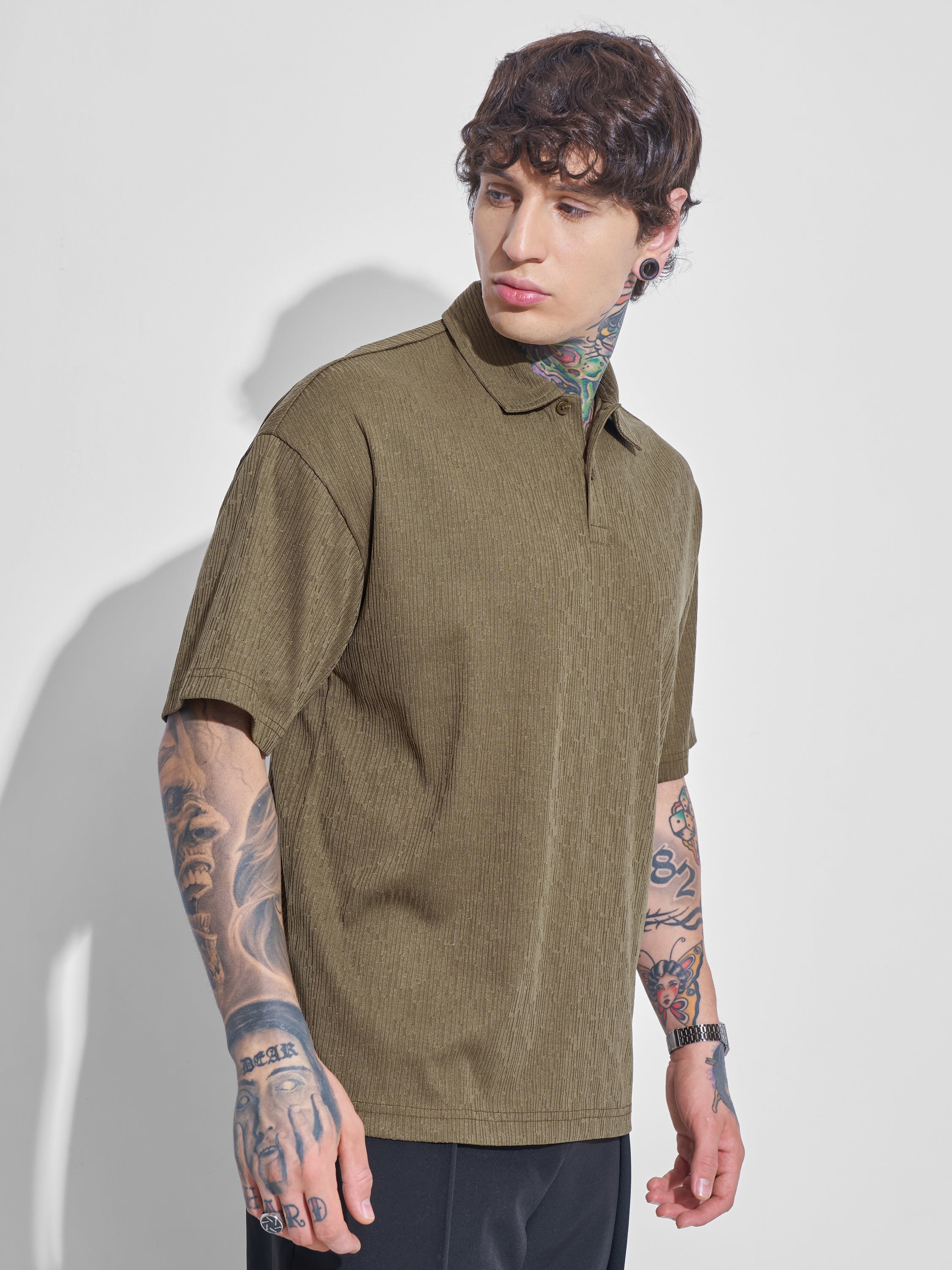 Highlander Men Olive Self Design Polo Collar T-Shirt - Olive - Image 6