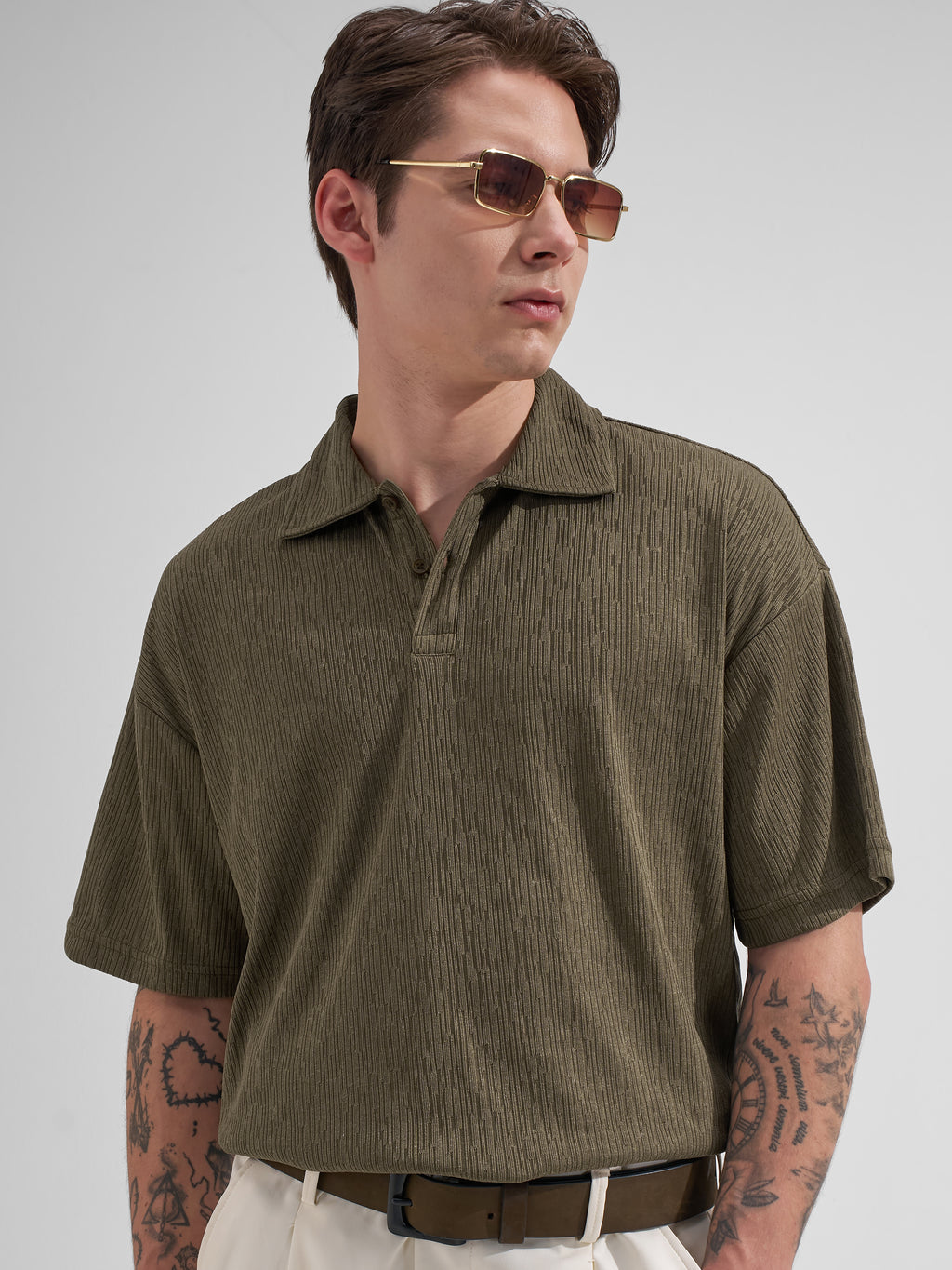 Highlander Men Brown Self Design Polo Collar T-Shirt