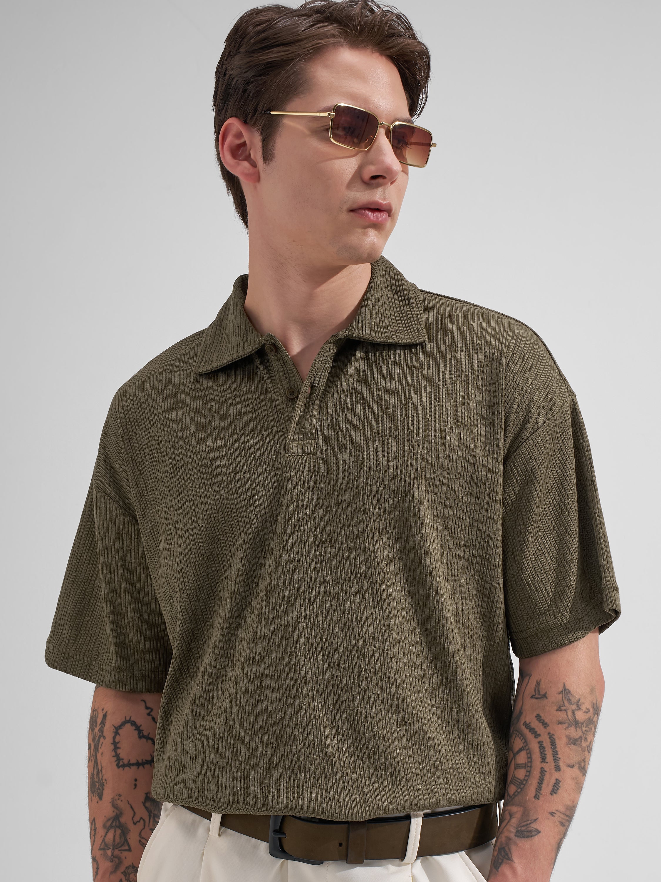 Highlander Men Brown Self Design Polo Collar T-Shirt