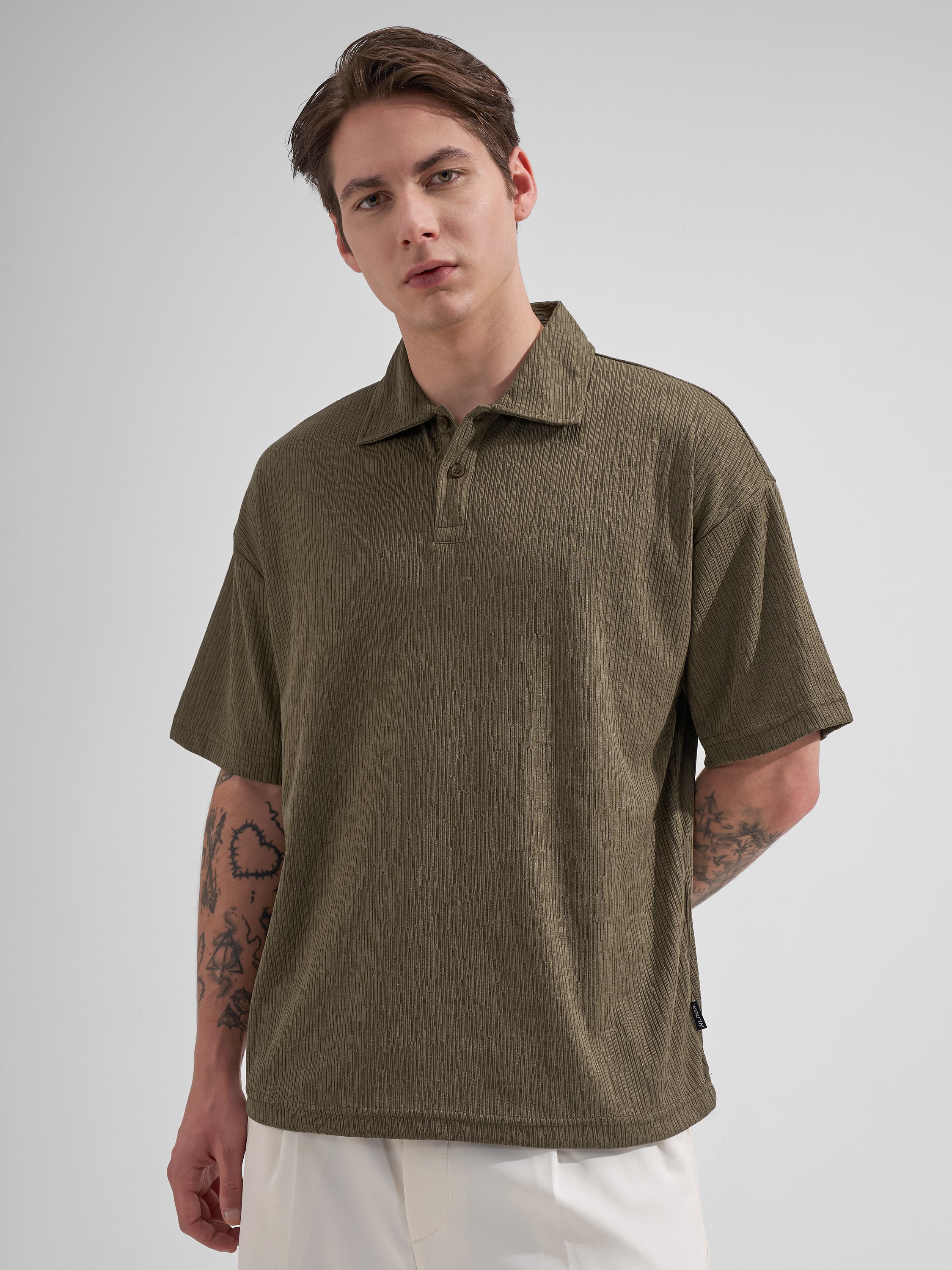 Highlander Men Brown Self Design Polo Collar T-Shirt