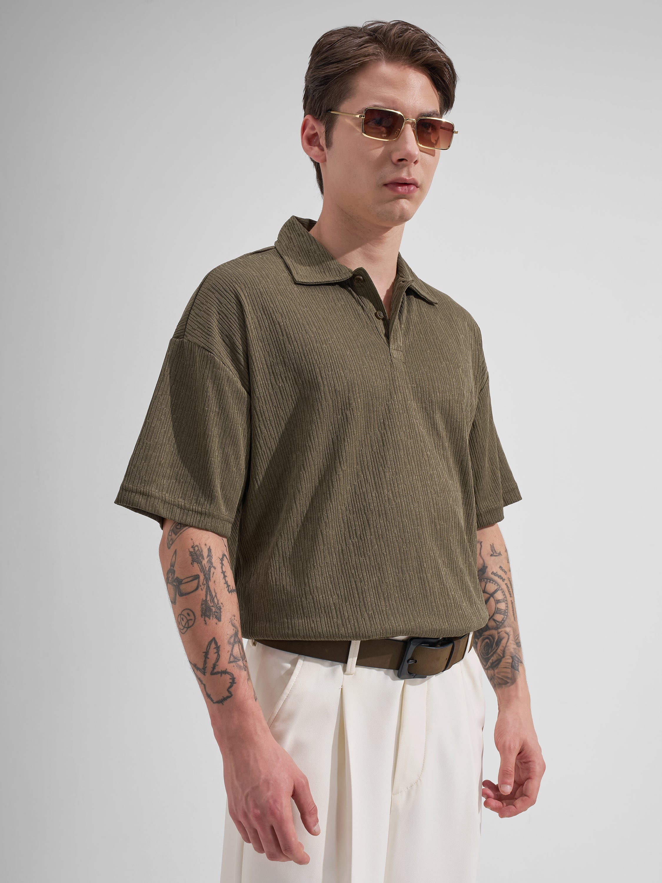 Highlander Men Brown Self Design Polo Collar T-Shirt