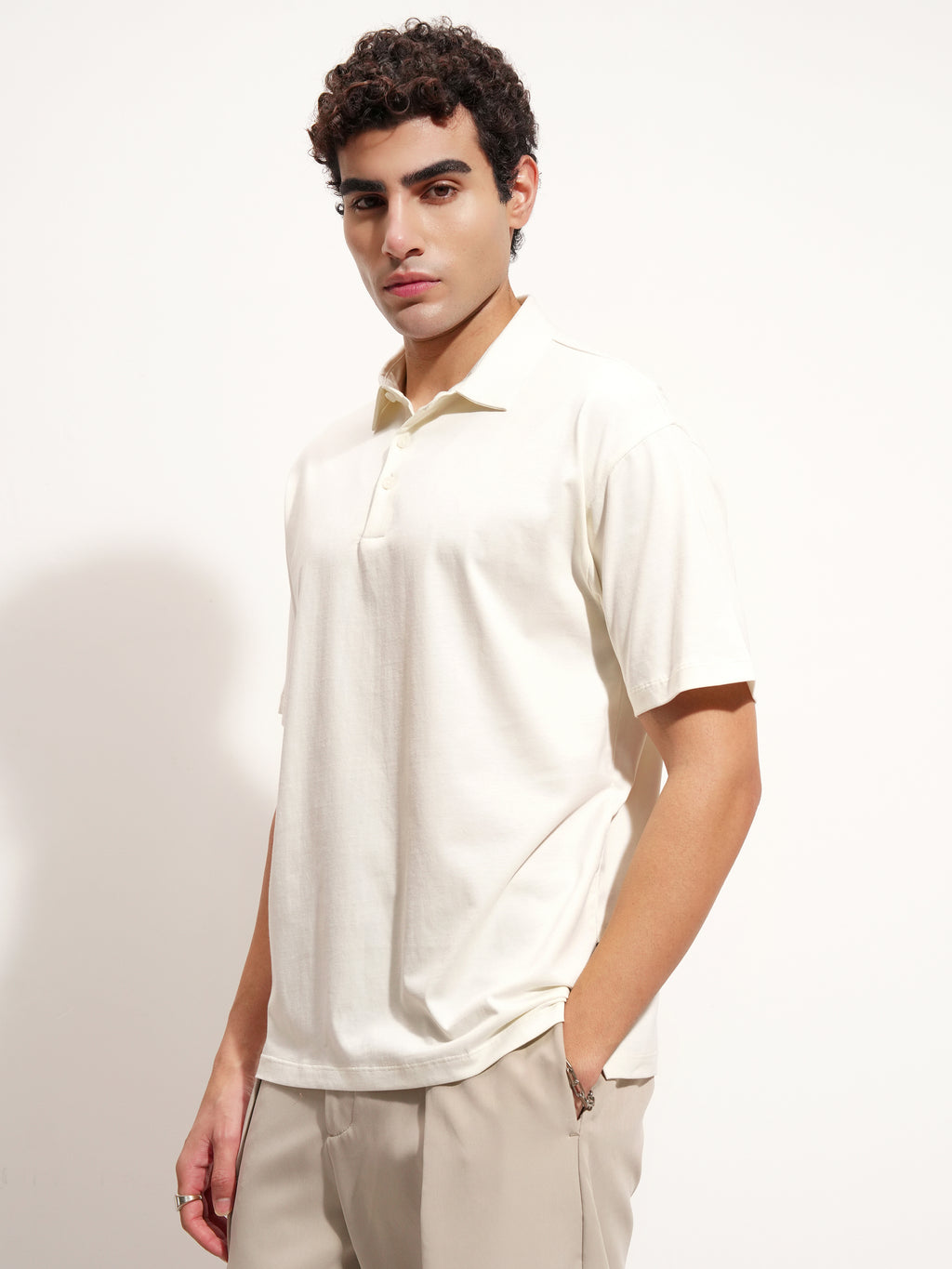 Highlander Men Off White Solid Polo Collar T-Shirt - Off White - Image 4