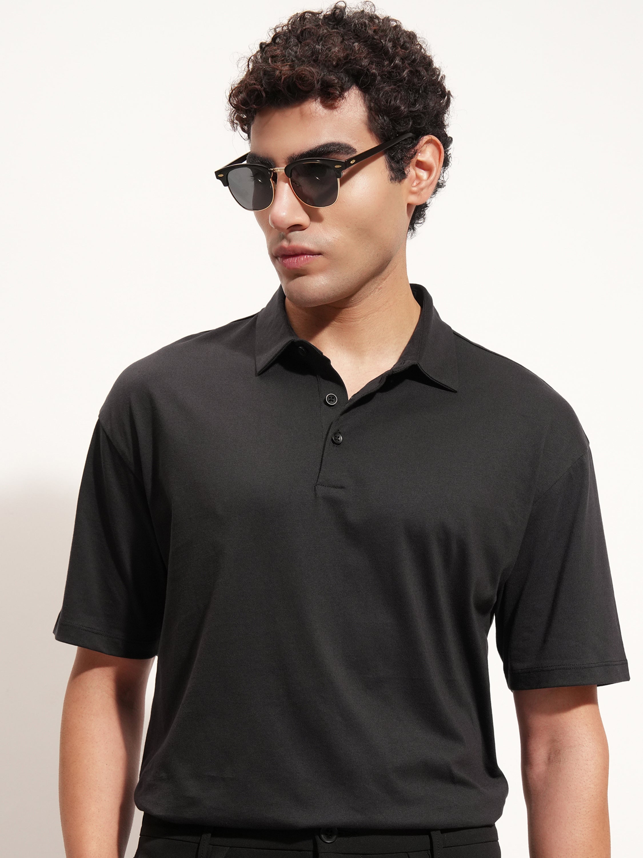 Highlander Men Black Solid Polo Collar T-Shirt - Black - Image 1