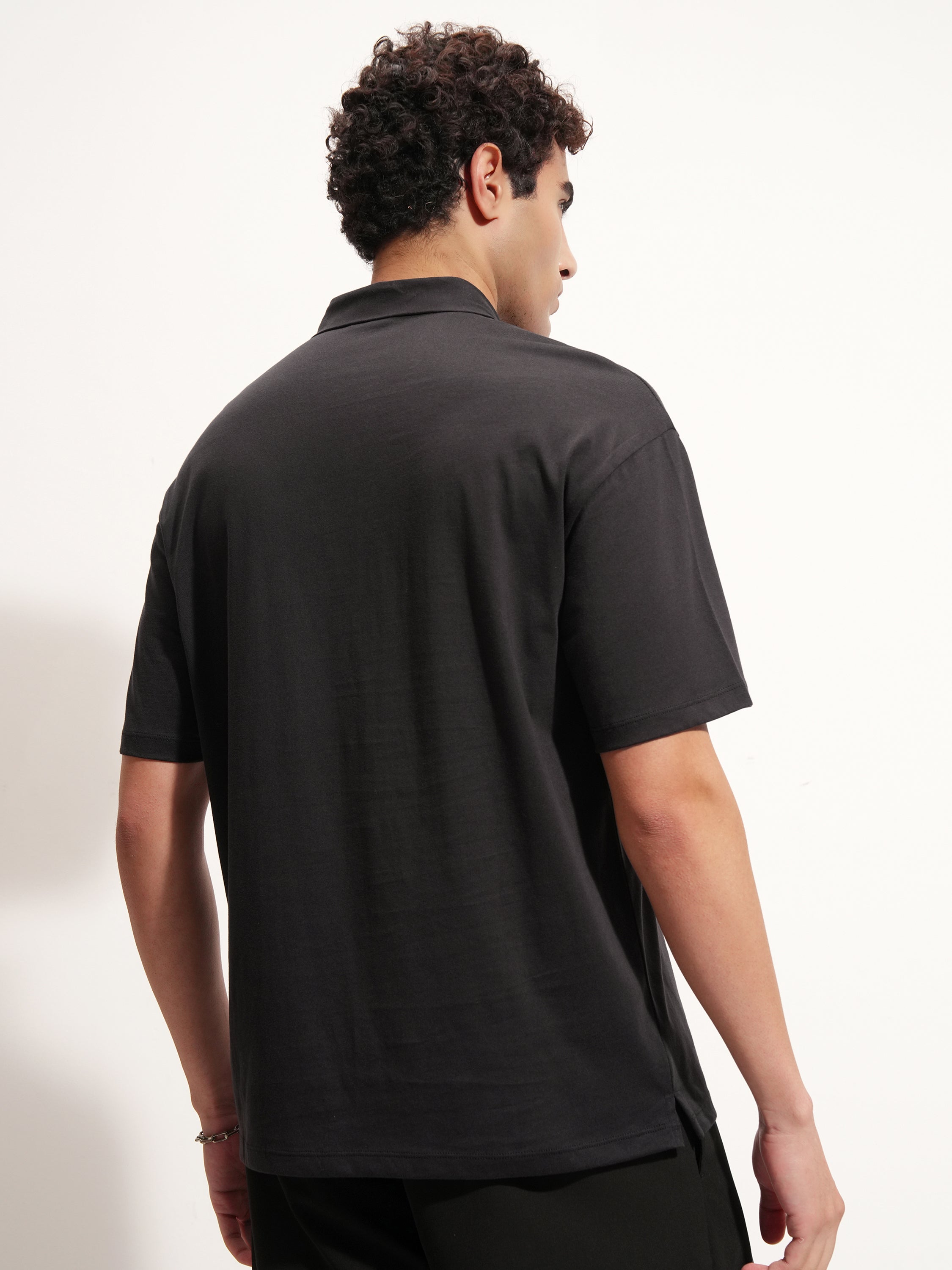 Highlander Men Black Solid Polo Collar T-Shirt - Black - Image 3
