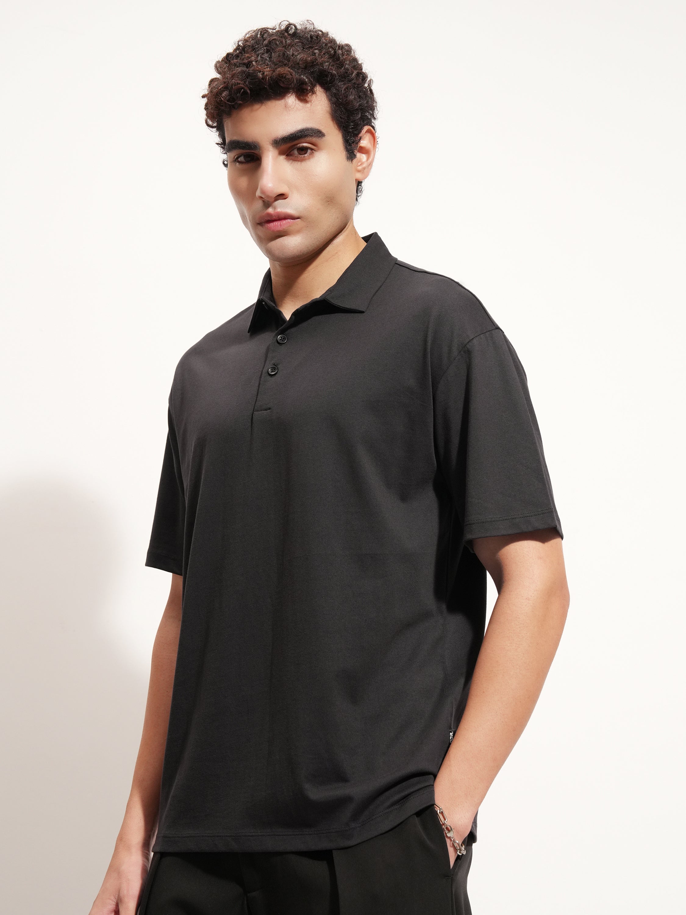 Highlander Men Black Solid Polo Collar T-Shirt - Black - Image 4