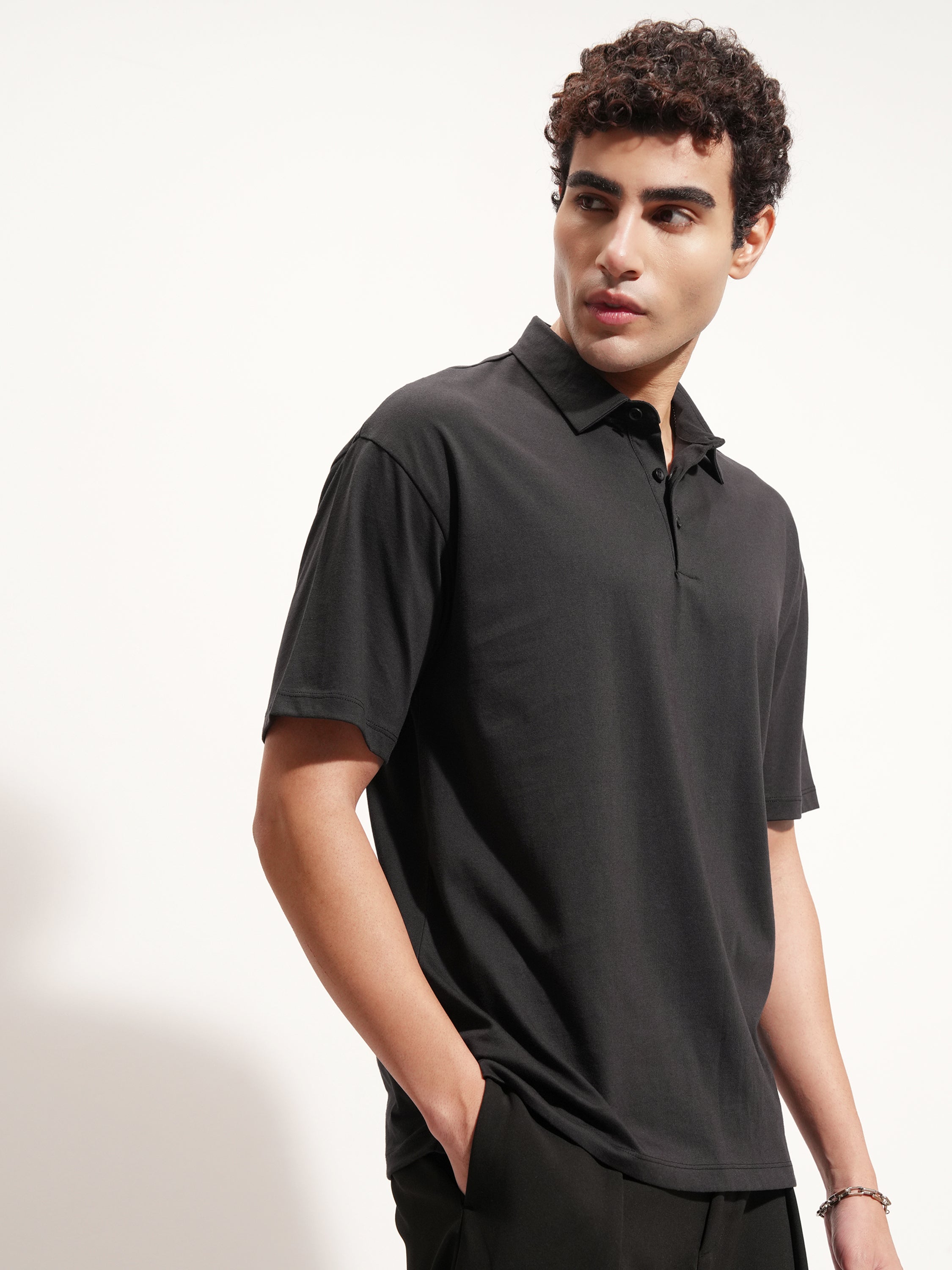 Highlander Men Black Solid Polo Collar T-Shirt - Black - Image 6