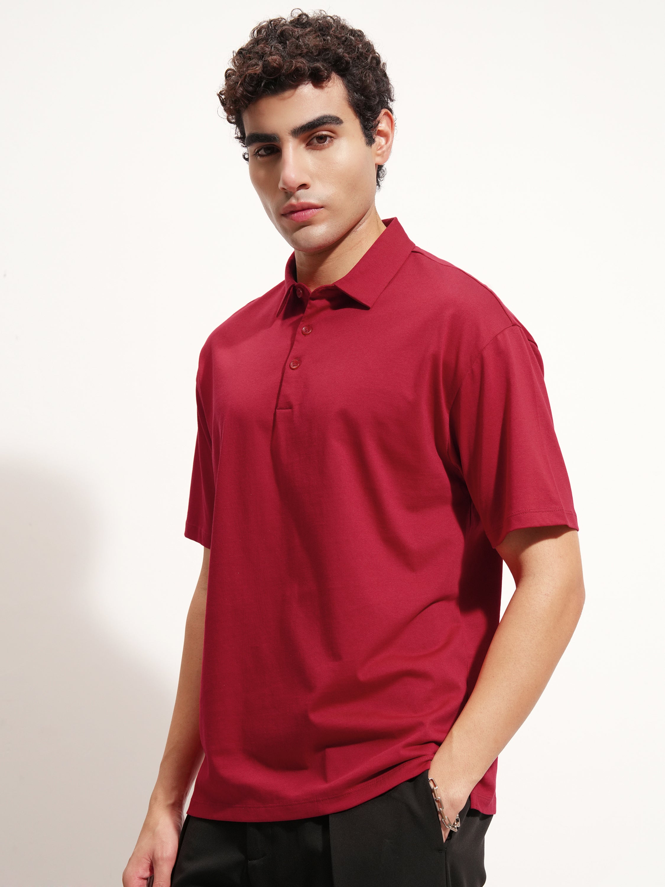 Highlander Men Maroon Solid Polo Collar T-Shirt - Maroon - Image 4