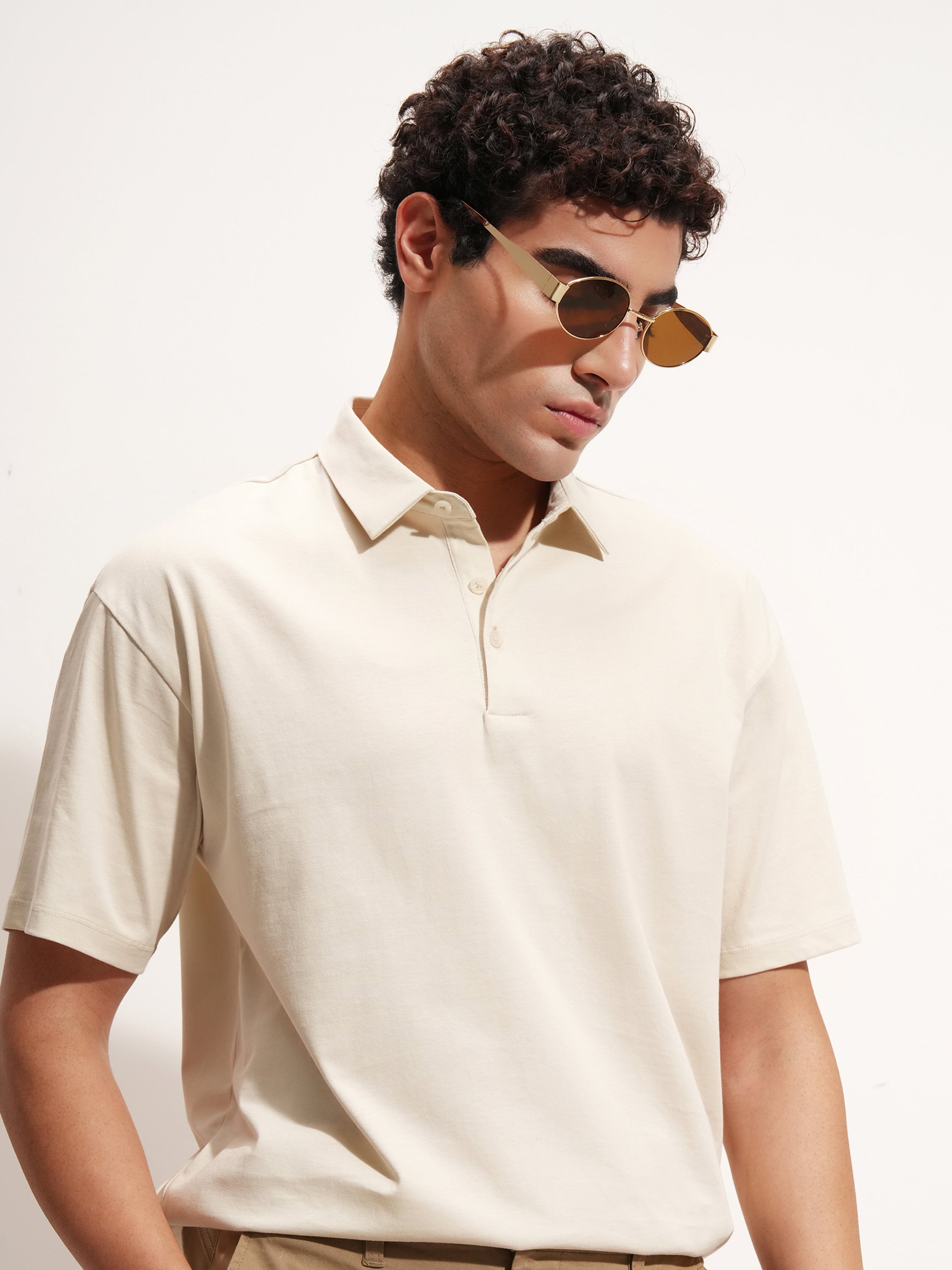Highlander Men Cream Solid Polo Collar T-Shirt - Cream - Image 1