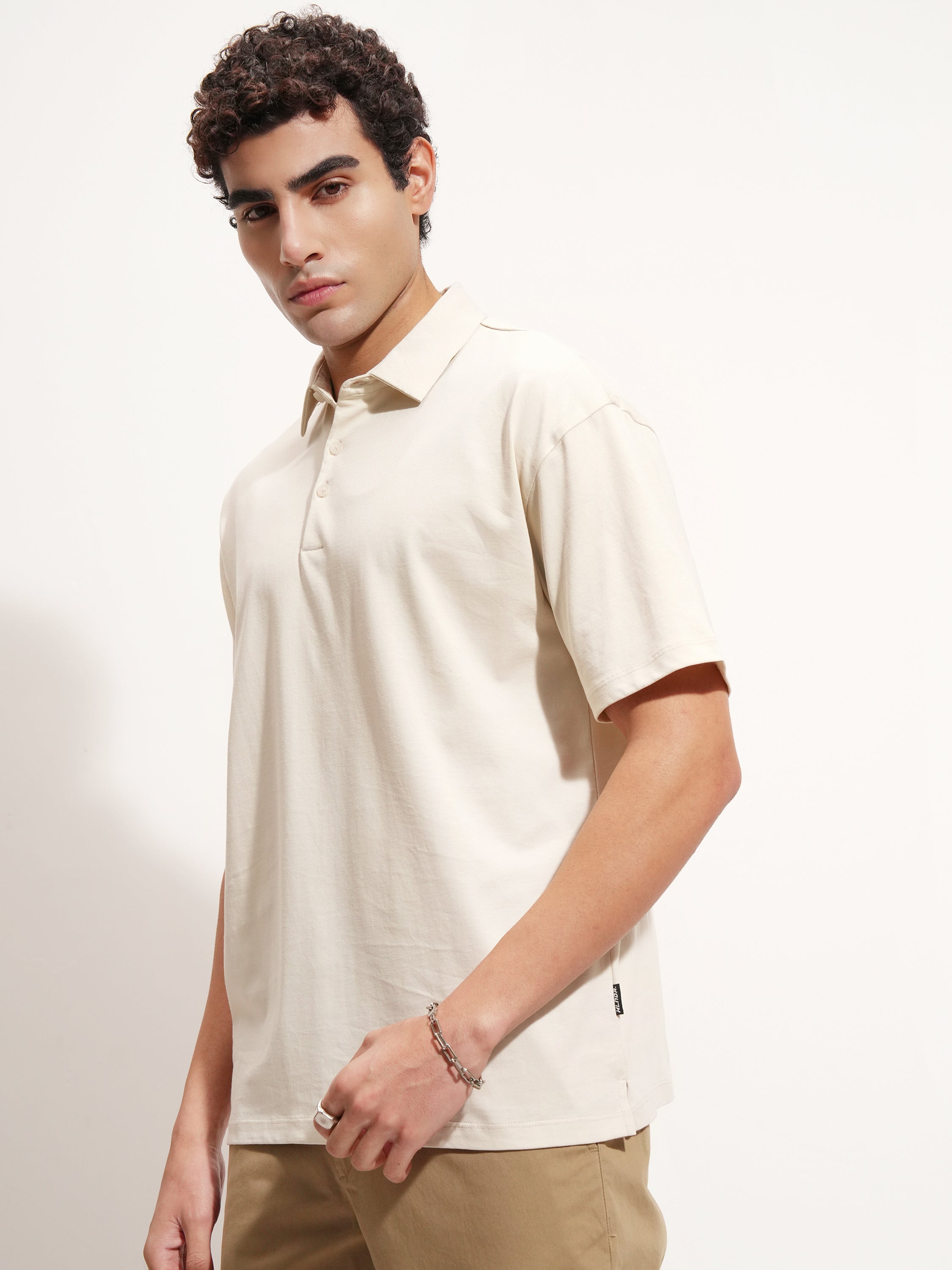 Highlander Men Cream Solid Polo Collar T-Shirt - Cream - Image 4