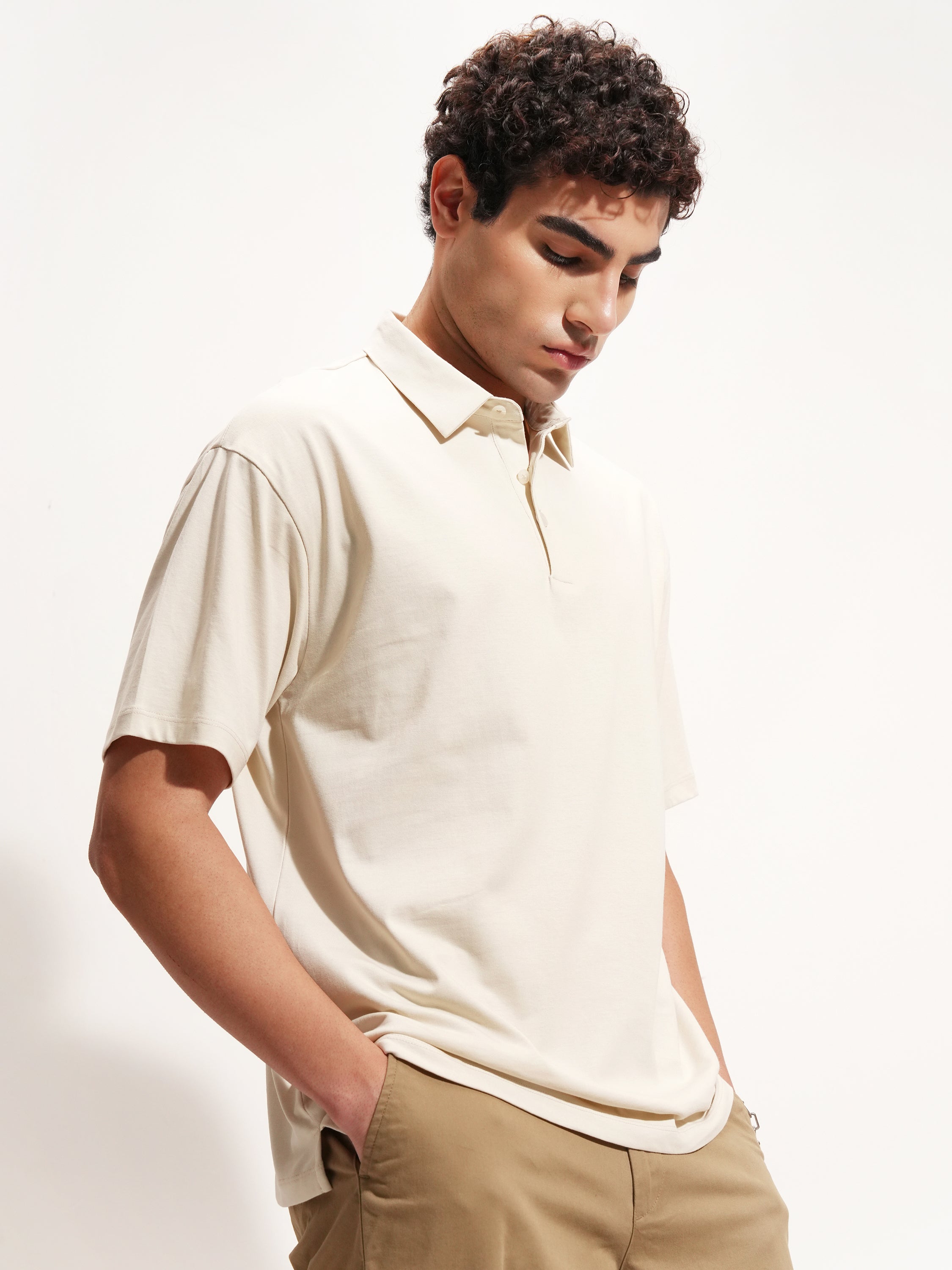 Highlander Men Cream Solid Polo Collar T-Shirt - Cream - Image 6