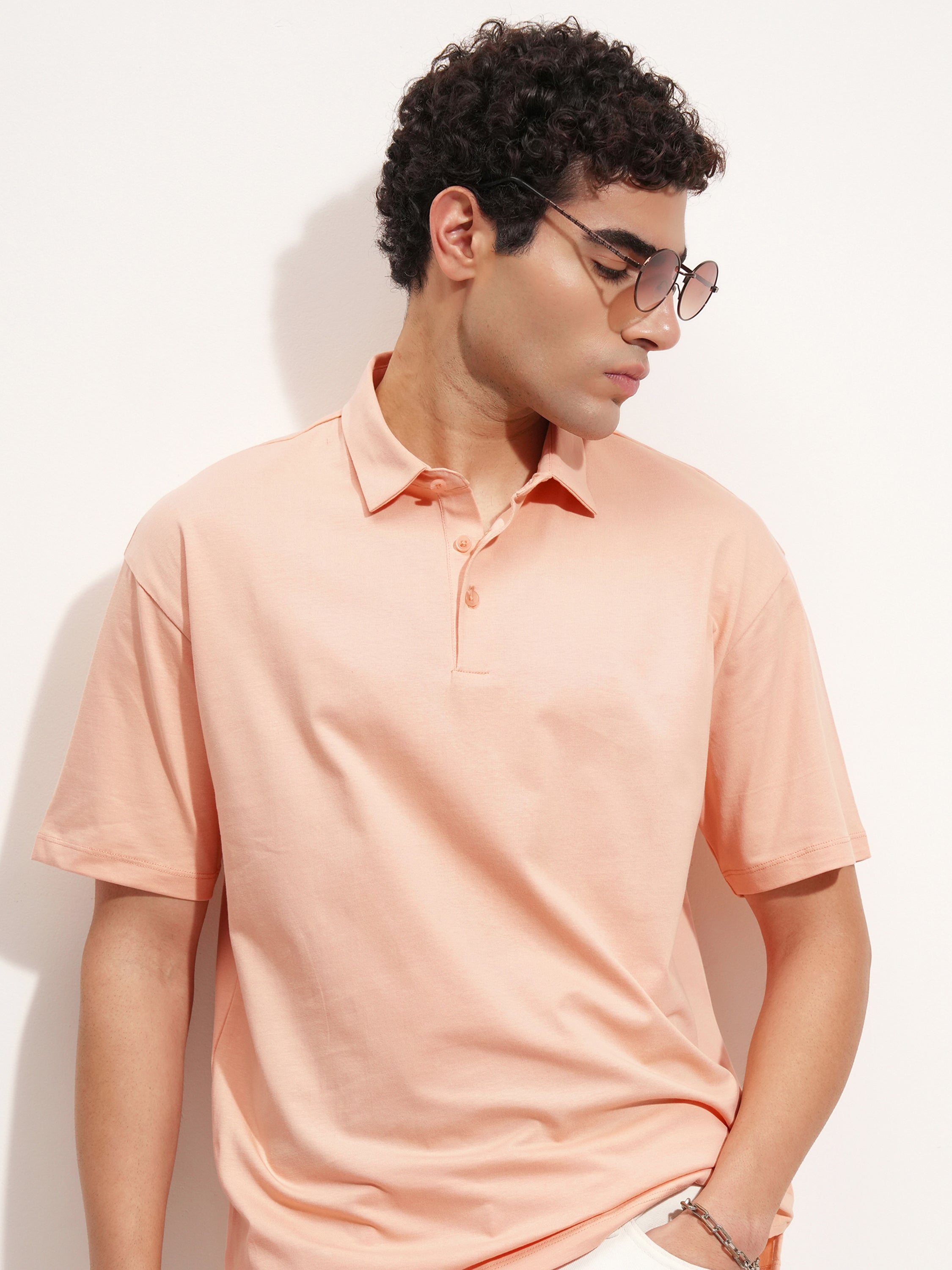 Highlander Men Peach Solid Polo Collar T-Shirt - Peach - Image 1
