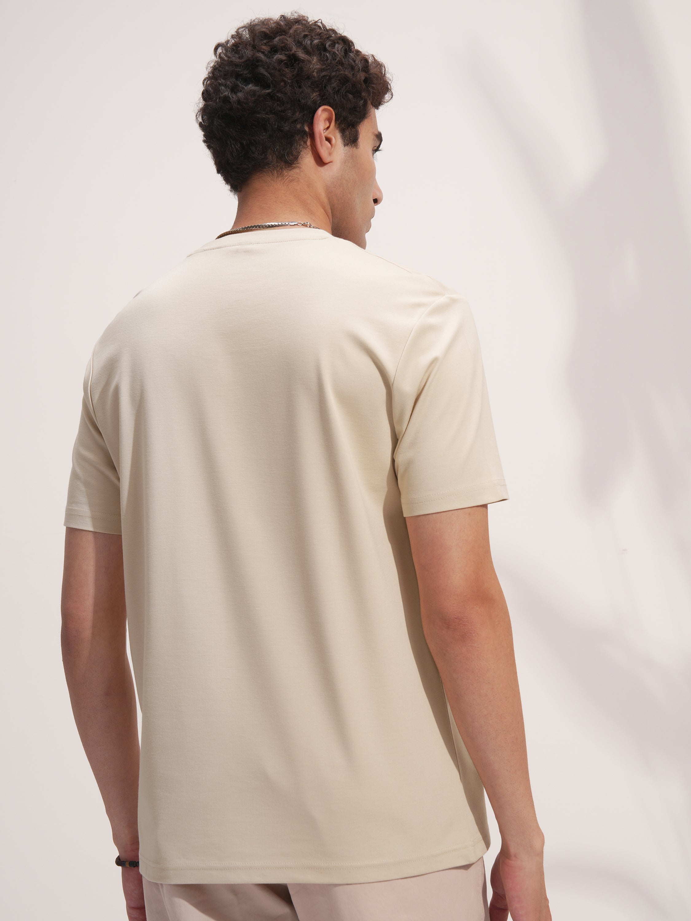 Highlander Men Beige Solid Round Neck T-Shirt - Beige - Image 3