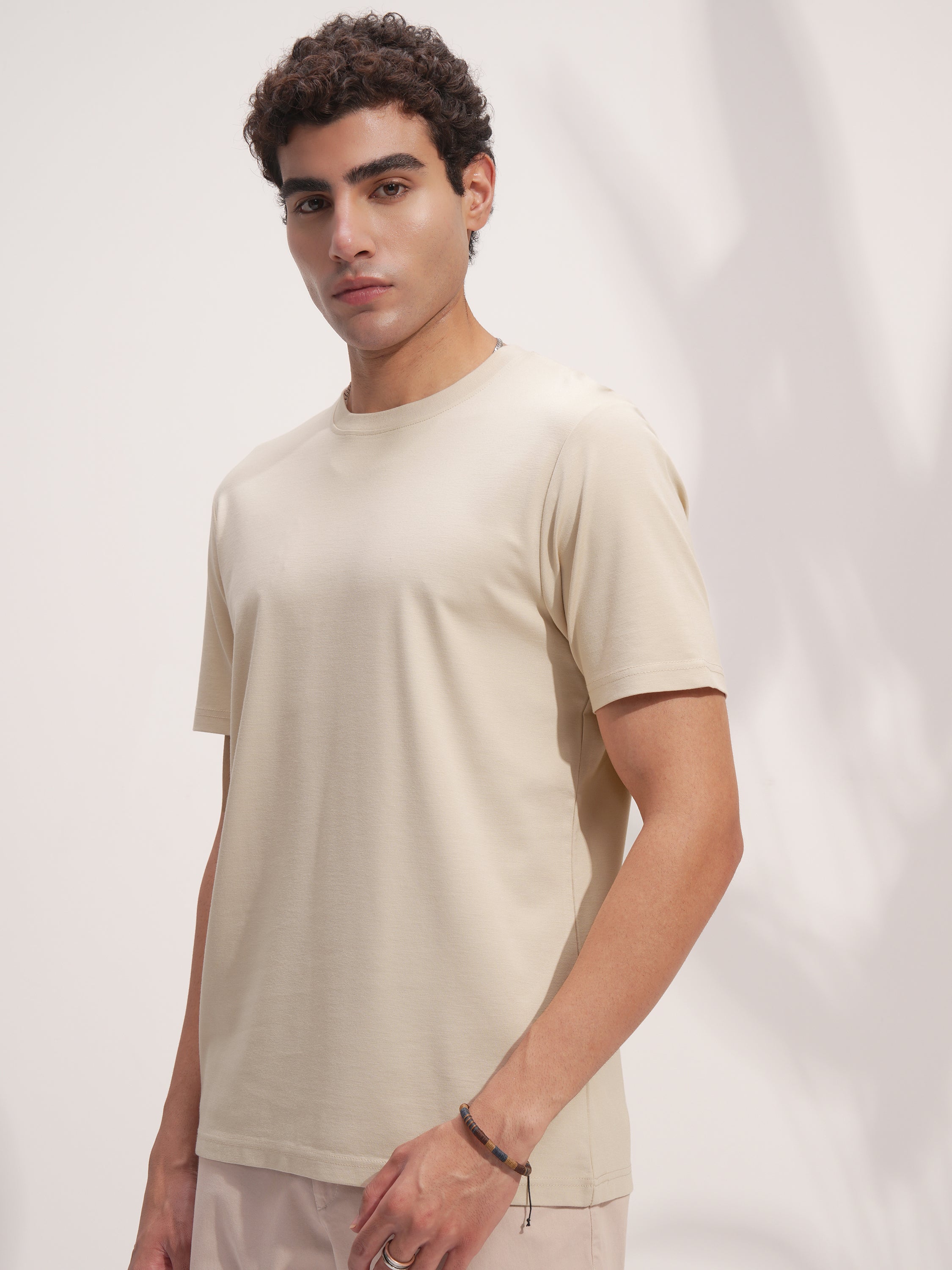 Highlander Men Beige Solid Round Neck T-Shirt - Beige - Image 4