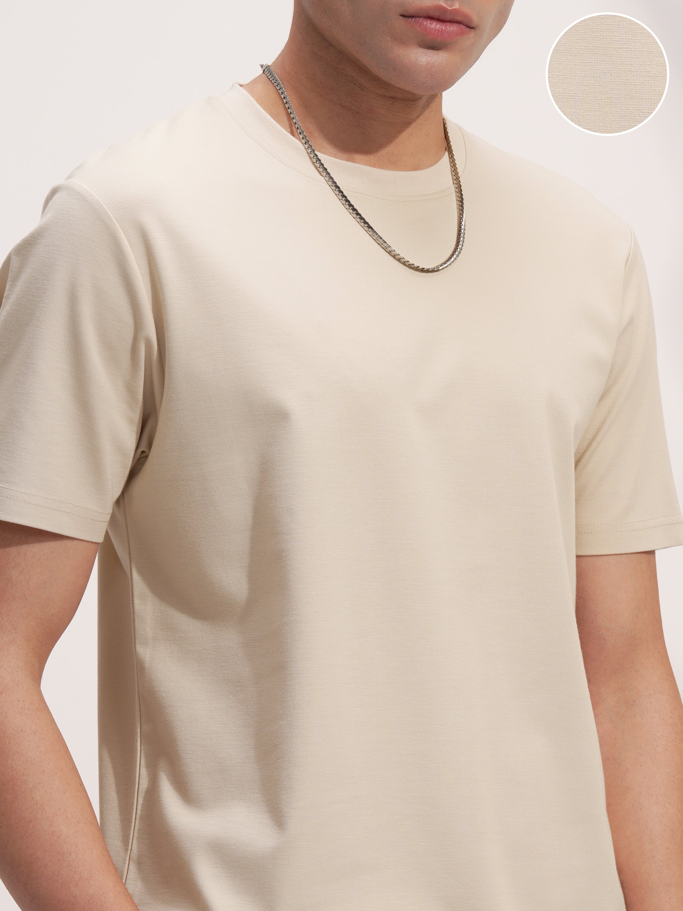 Highlander Men Beige Solid Round Neck T-Shirt - Beige - Image 5