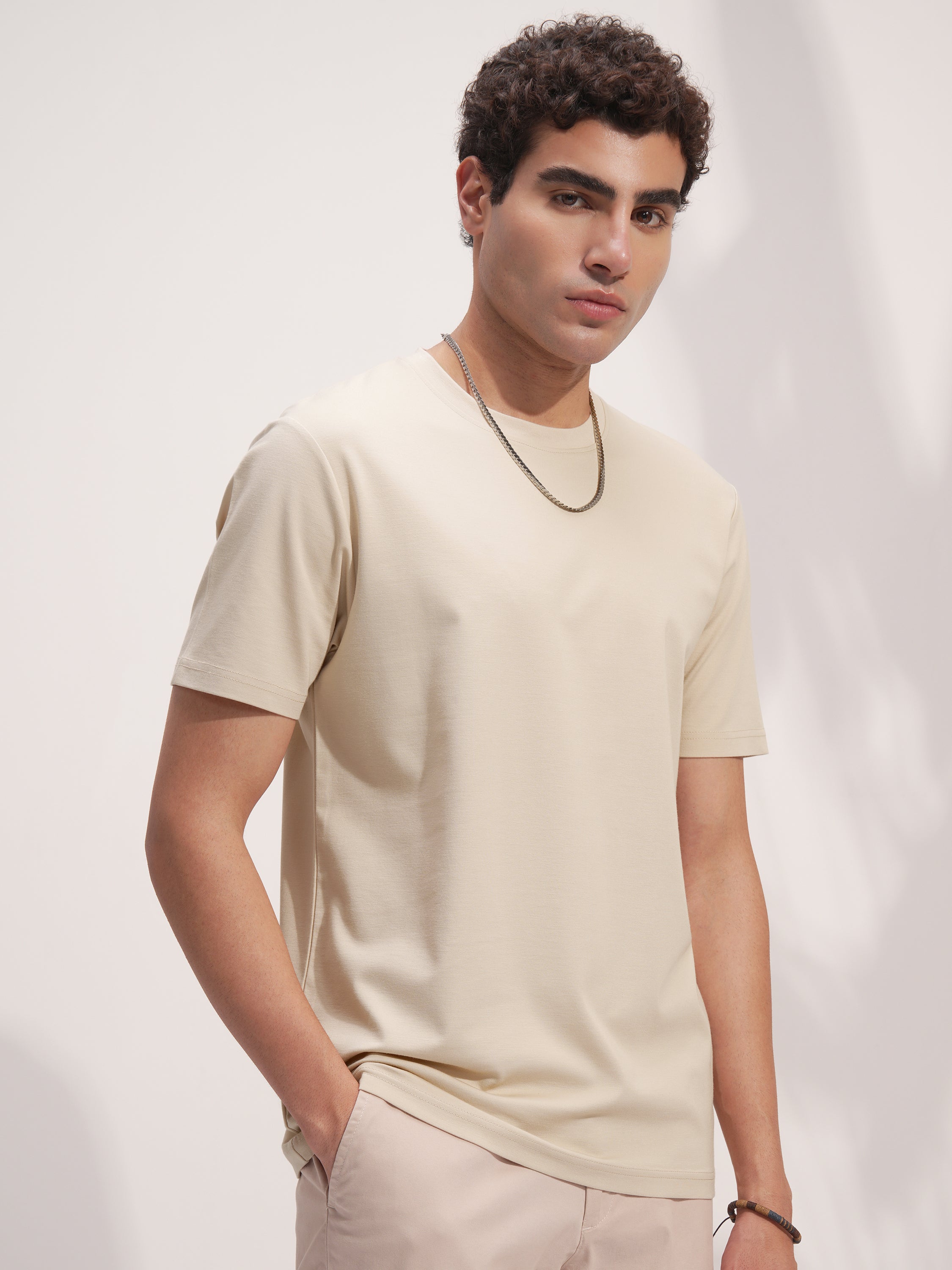 Highlander Men Beige Solid Round Neck T-Shirt - Beige - Image 6