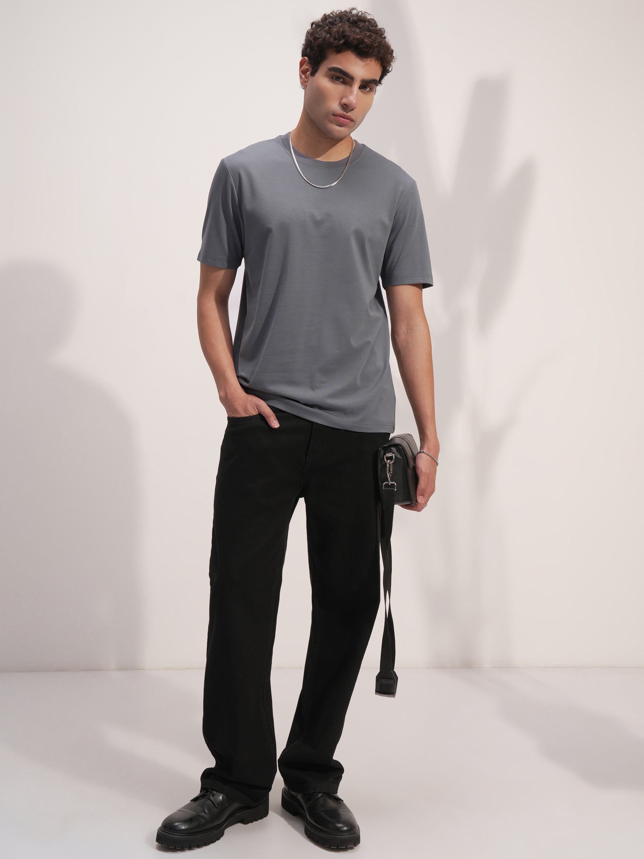 Highlander Men Grey Solid Round Neck T-Shirt - Grey - Image 2