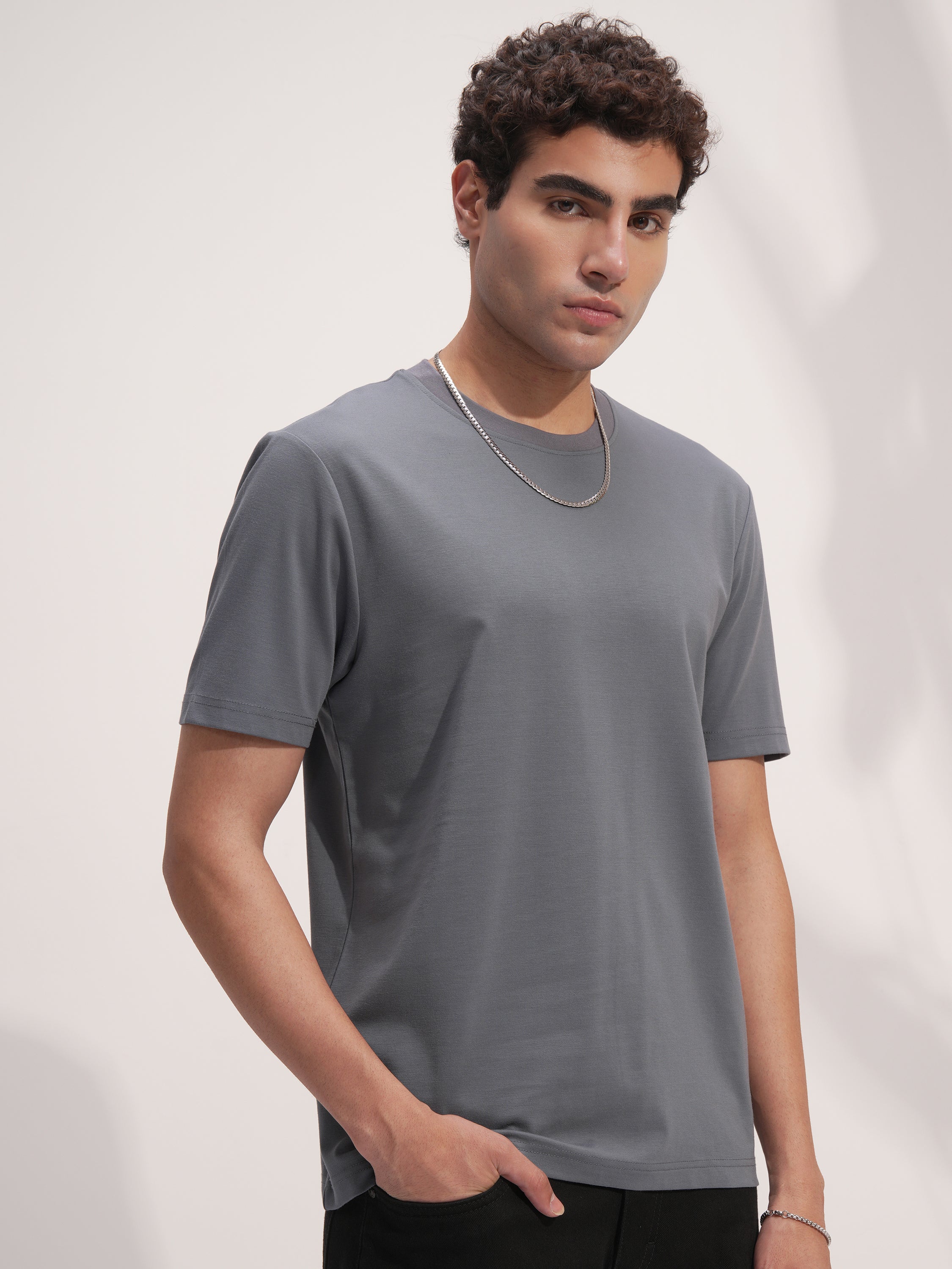 Highlander Men Grey Solid Round Neck T-Shirt - Grey - Image 6