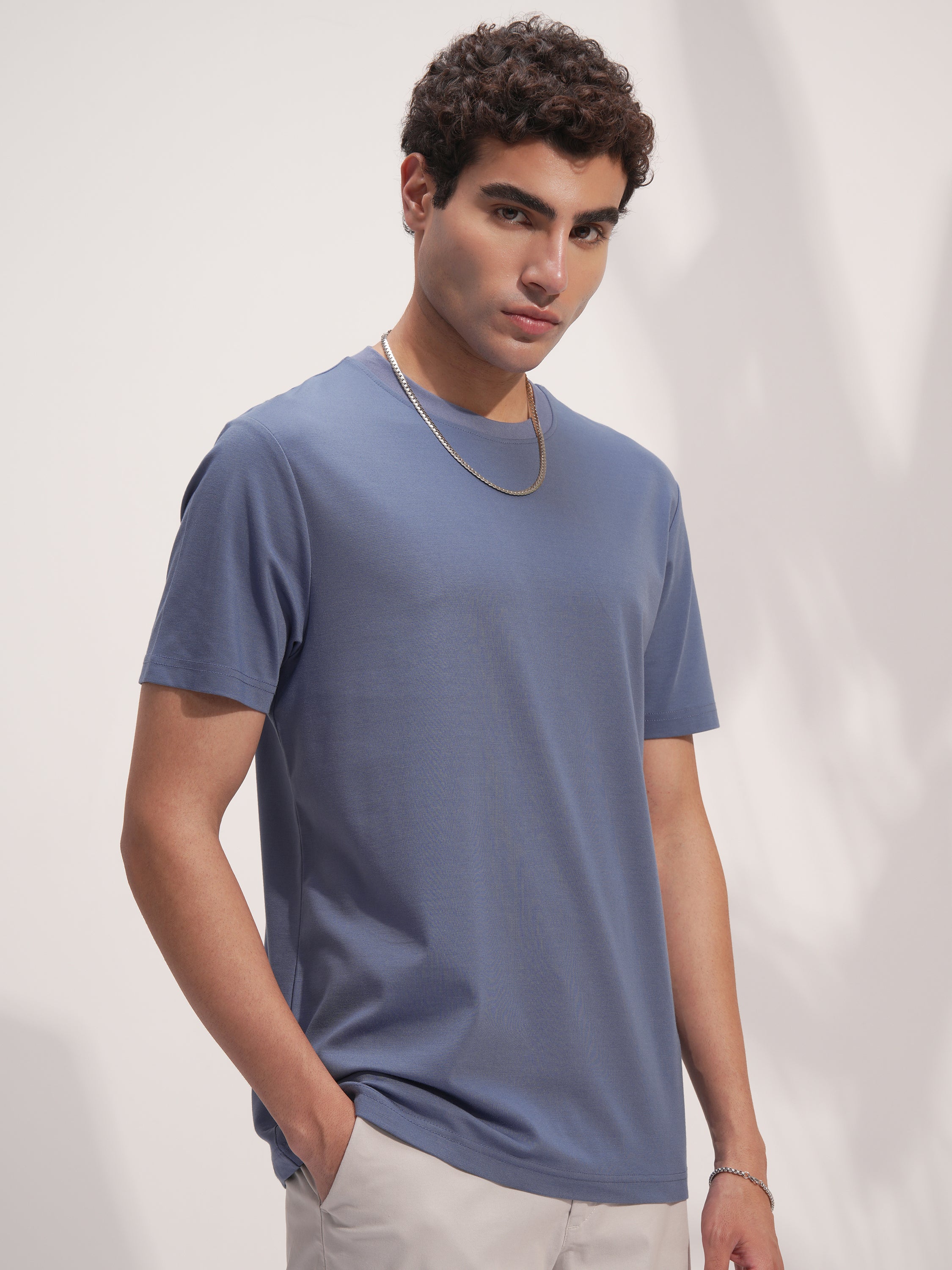 Highlander Men Blue Solid Round Neck T-Shirt - Blue - Image 6