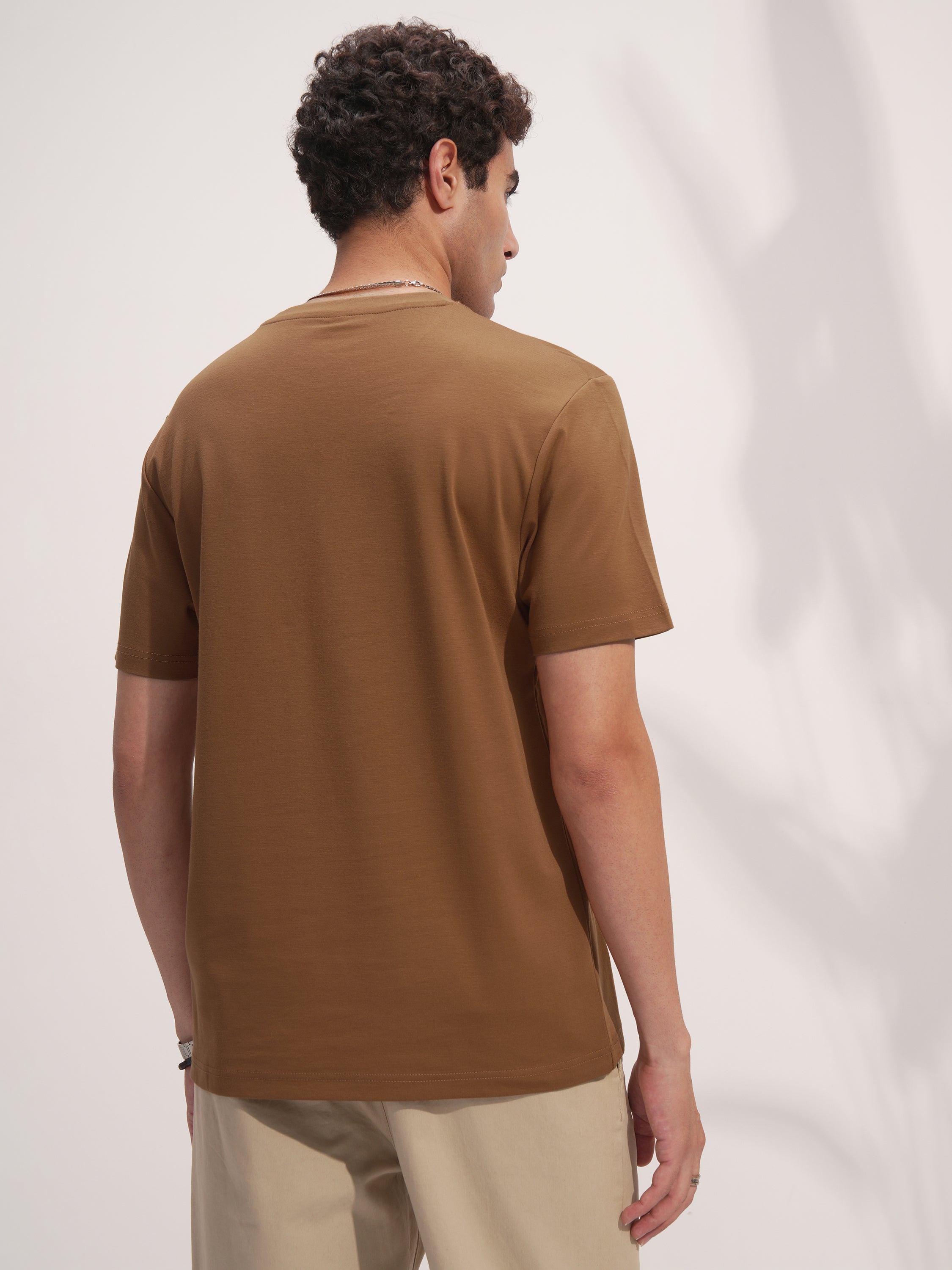 Highlander Men Brown Solid Round Neck T-Shirt - Brown - Image 3