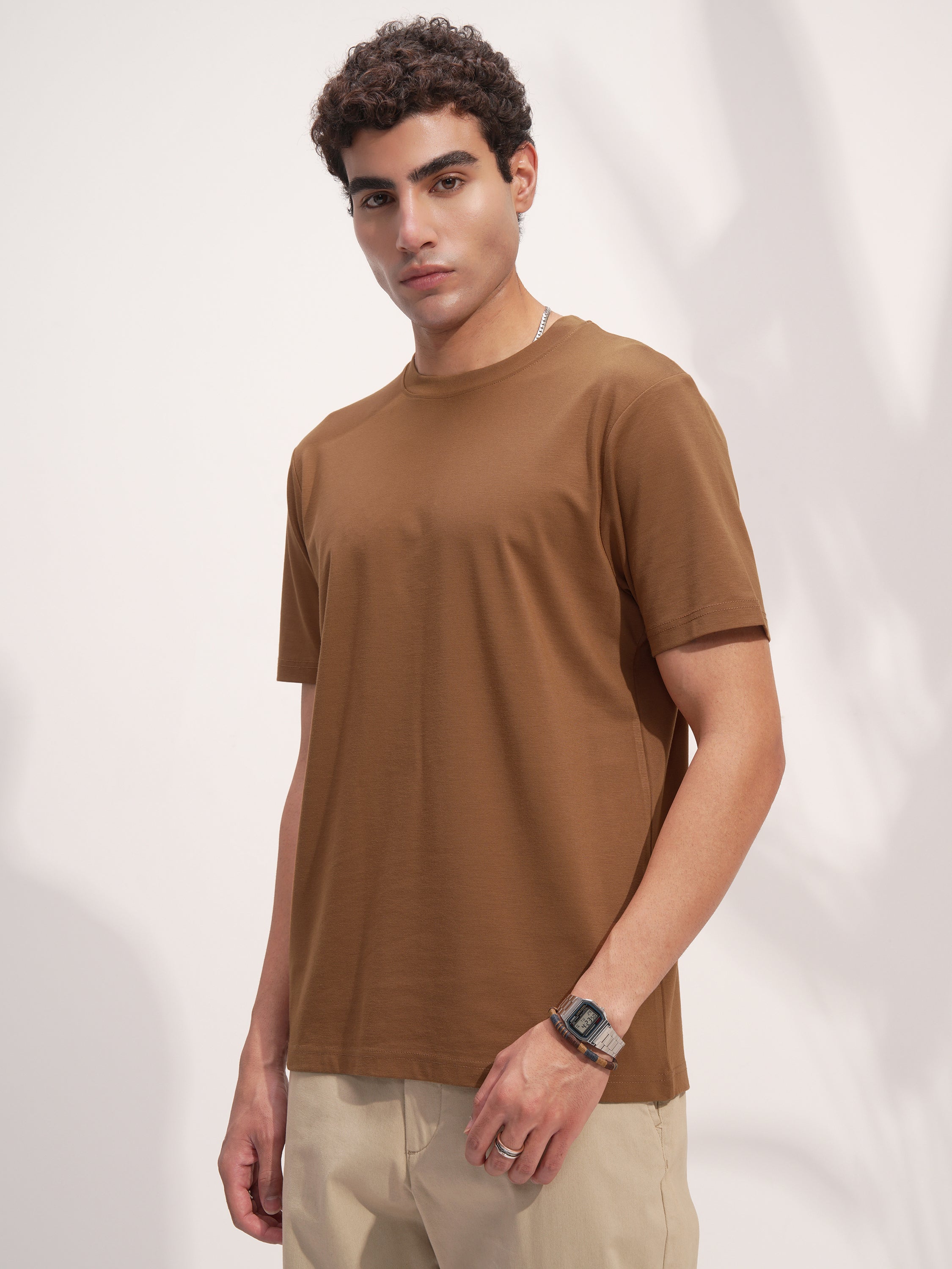 Highlander Men Brown Solid Round Neck T-Shirt - Brown - Image 4