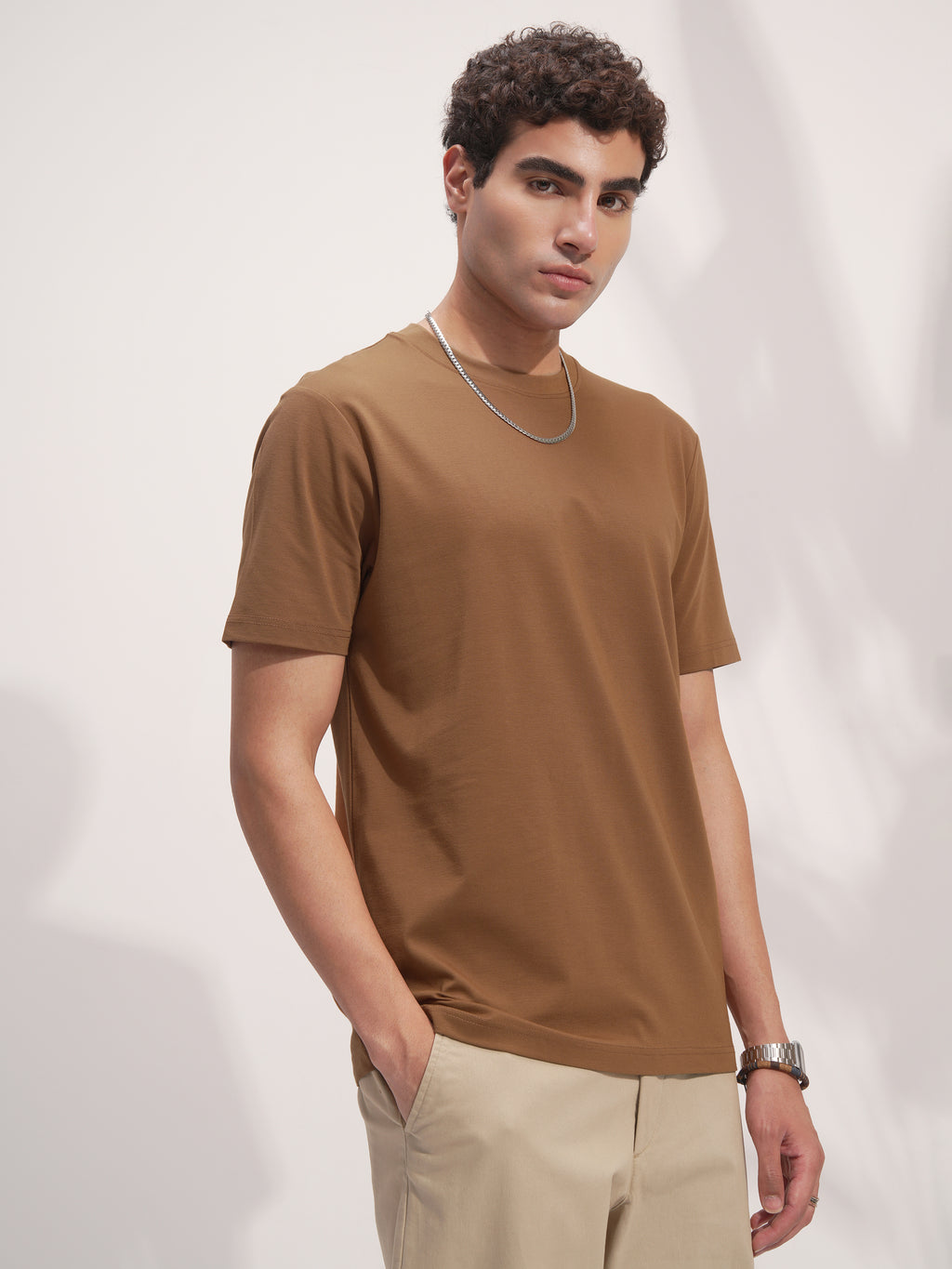 Highlander Men Brown Solid Round Neck T-Shirt - Brown - Image 6